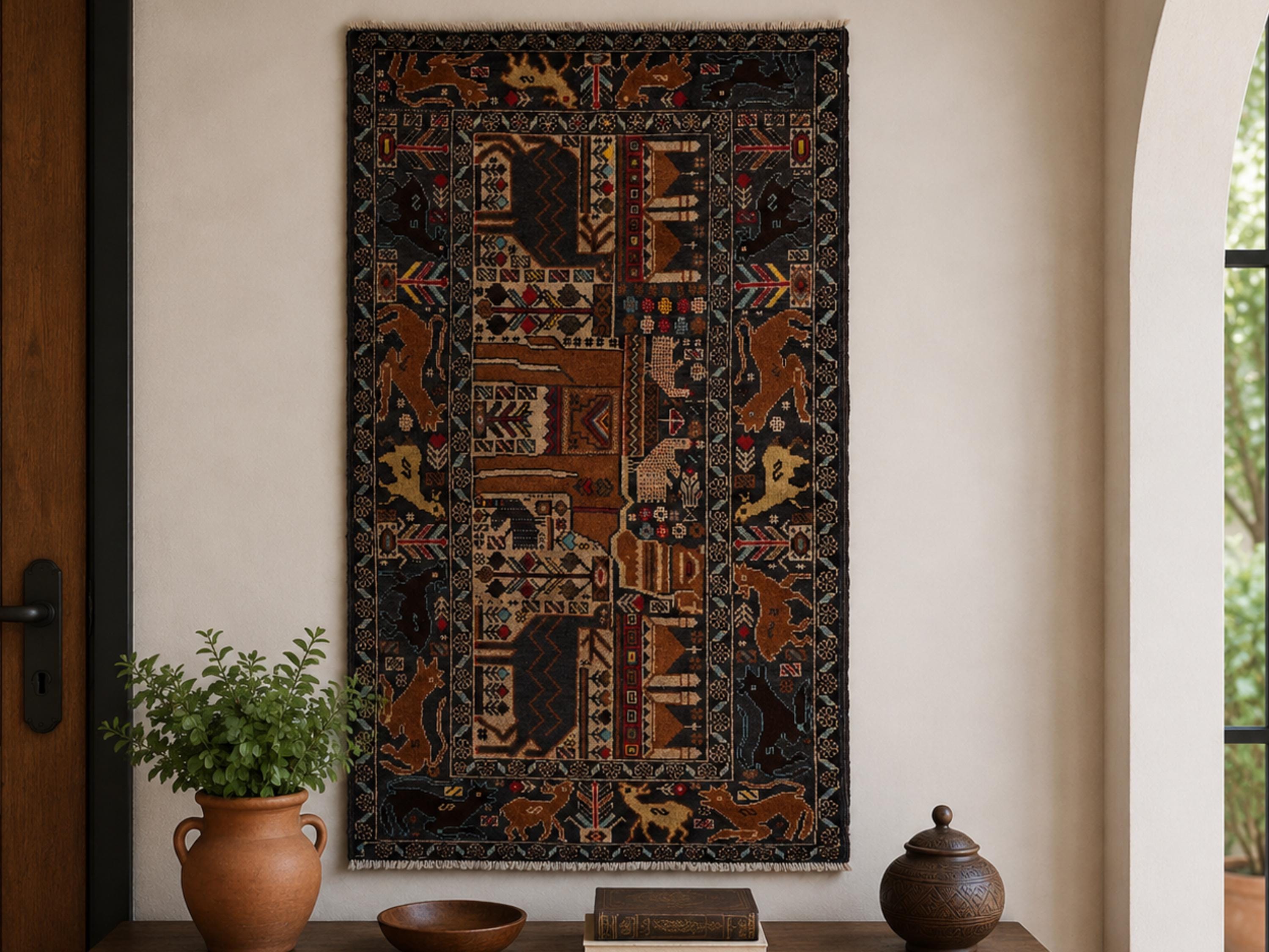 3x5 Village Scene Woven Wall Hanging, Hand Knotted Wool Afghan Tapestry, Navy Folk Art Pictorial Wall Art