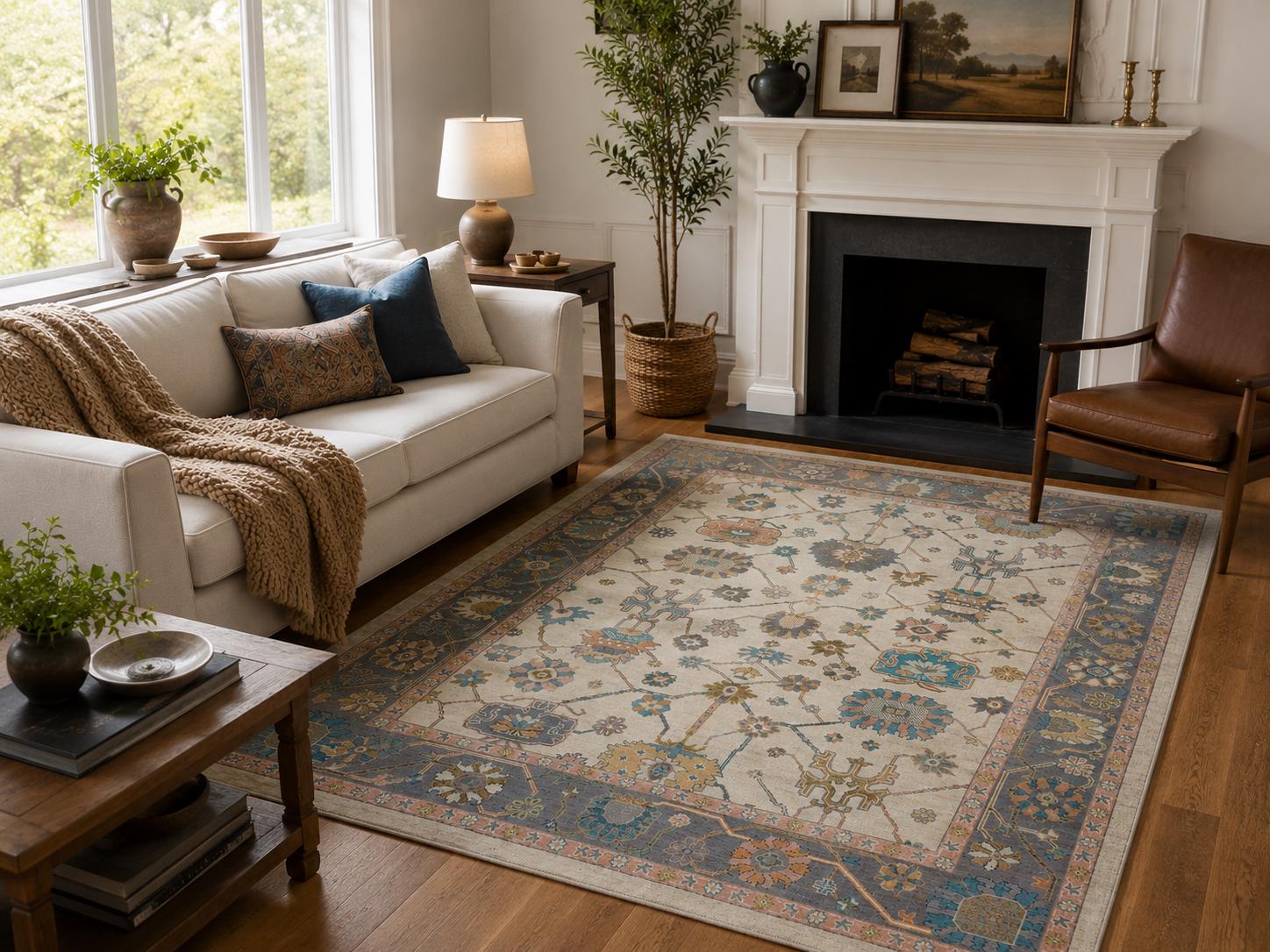 8x10 Ivory Oushak Rug, Vintage Turkish Hand Knotted Wool Area Rug, Traditional Living Room Bedroom Decor