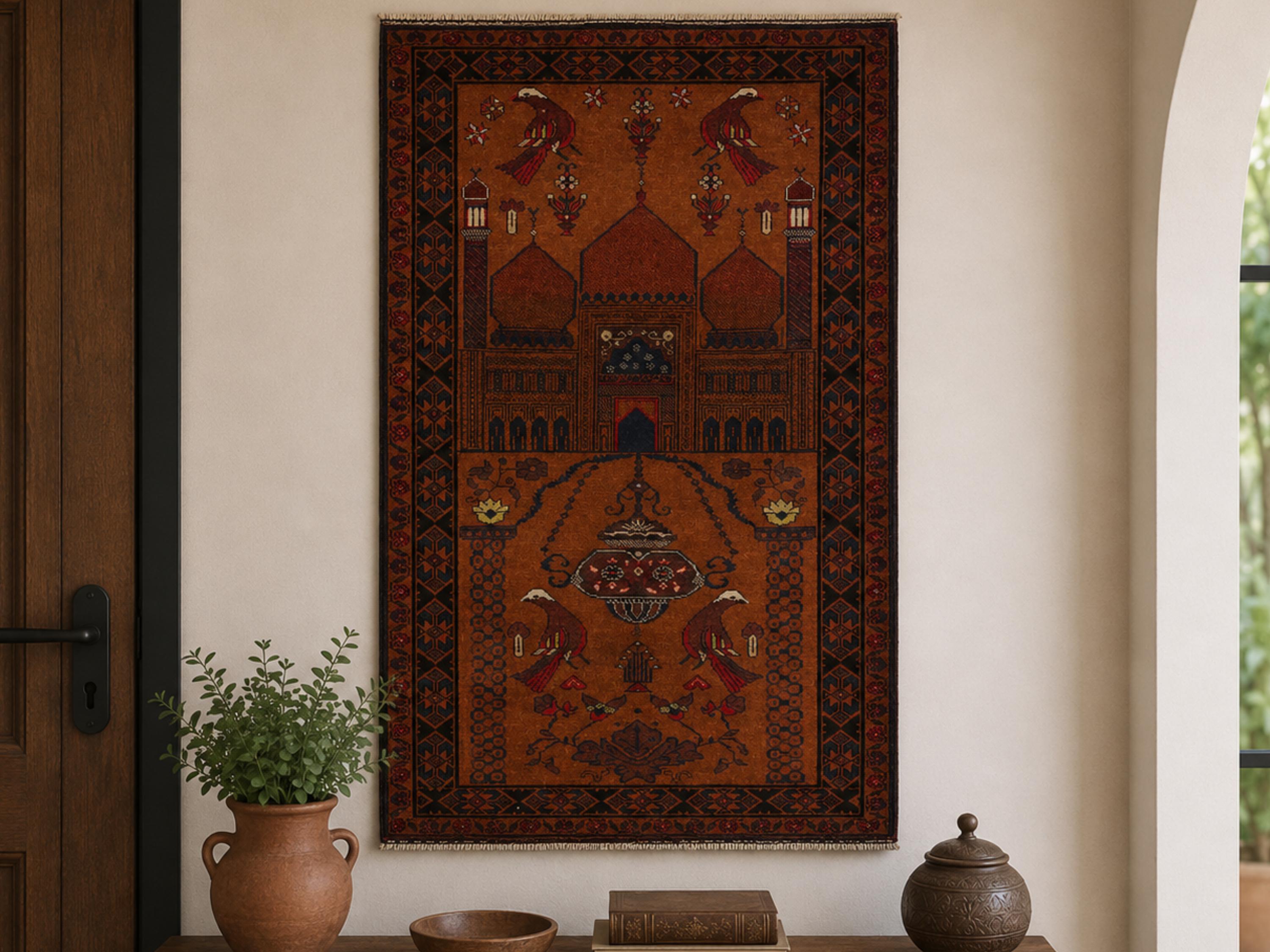 3x5 Architectural Bird Motif Tapestry Wall Hanging Rug, Afghan Style Handmade Wool Textile Wall Art, Tribal Decor