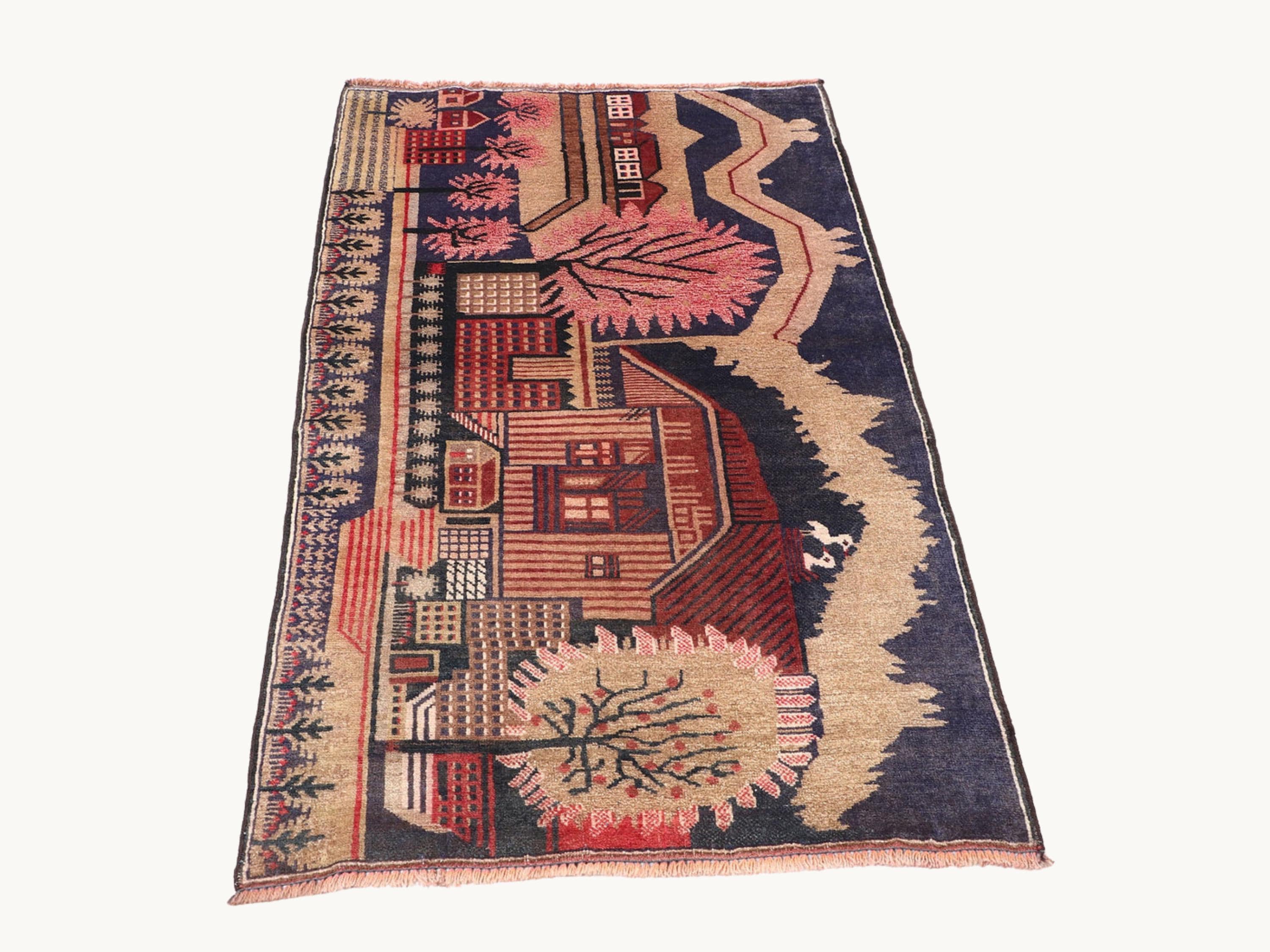 3x5 Mountain Landscape Tapestry Wall Hanging Rug, Afghan Style Handmade Wool Textile Wall Art, Folk Art Decor