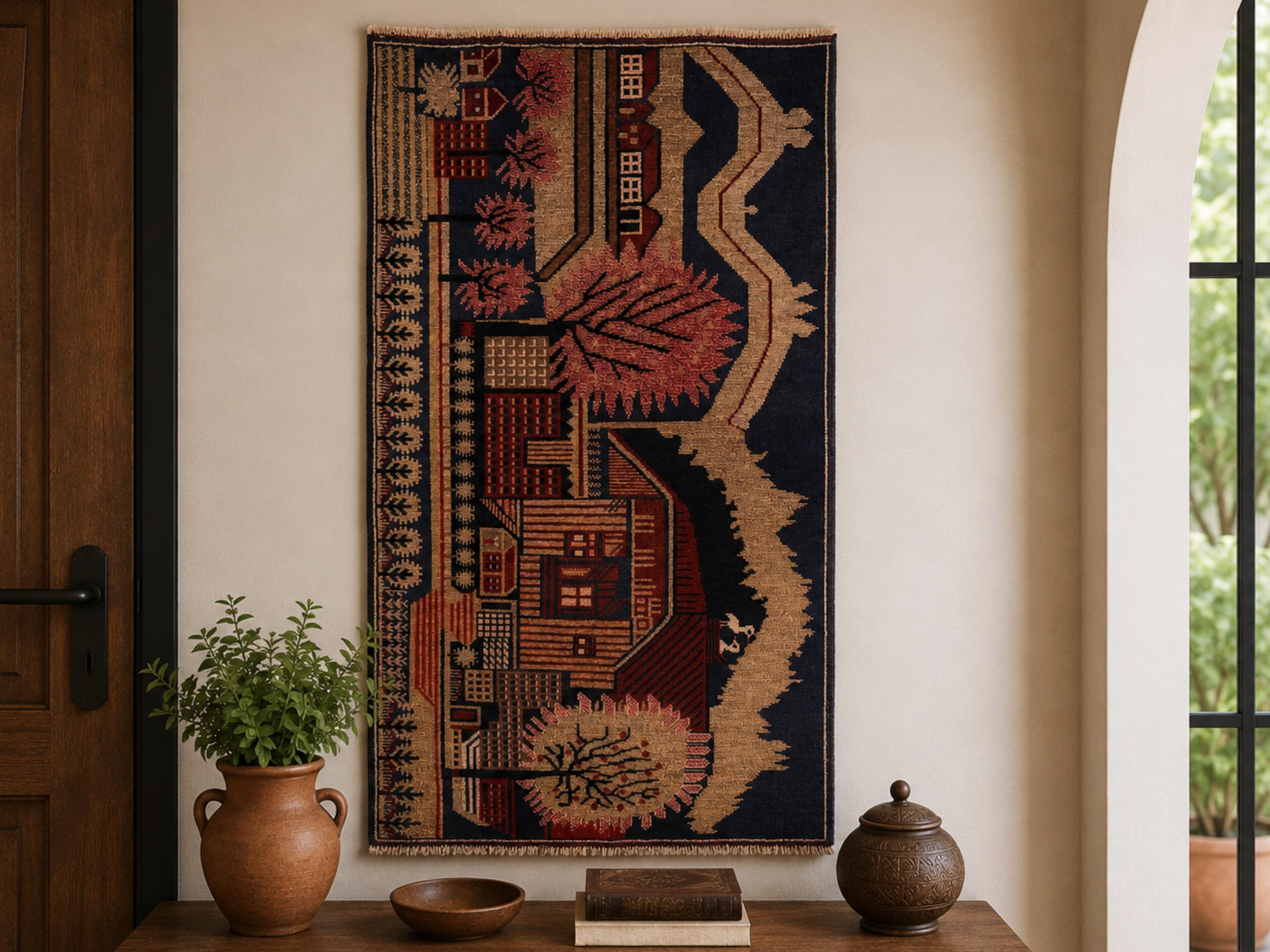 3x5 Mountain Landscape Tapestry Wall Hanging Rug, Afghan Style Handmade Wool Textile Wall Art, Folk Art Decor