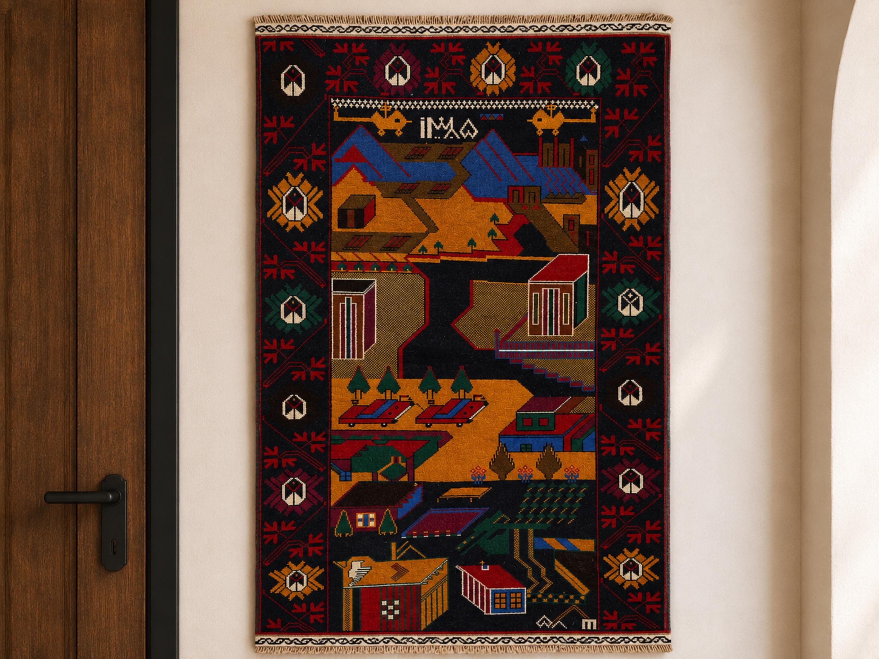 3x5 Landscape Tapestry Wall Hanging Rug, Afghan Style Handmade Wool Textile Wall Art, Folk Art Decor