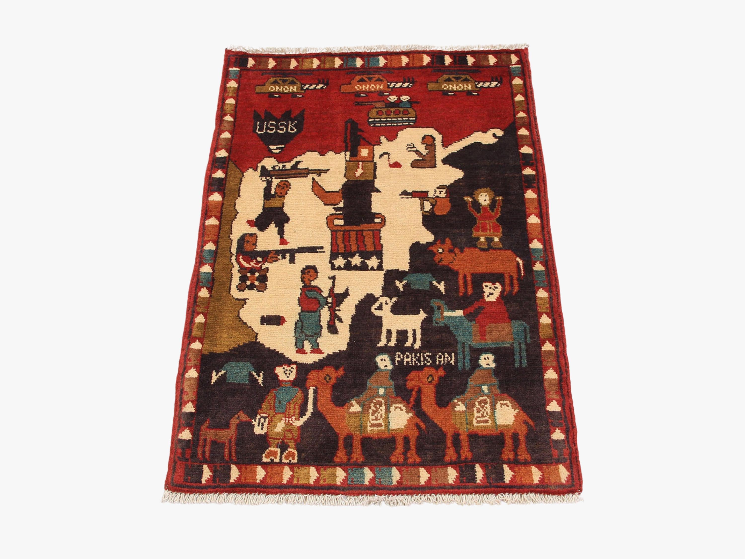 Hand Knotted Wool Pictorial War Rug, Folk Art Tribal Wall Hanging, 2x3 ft