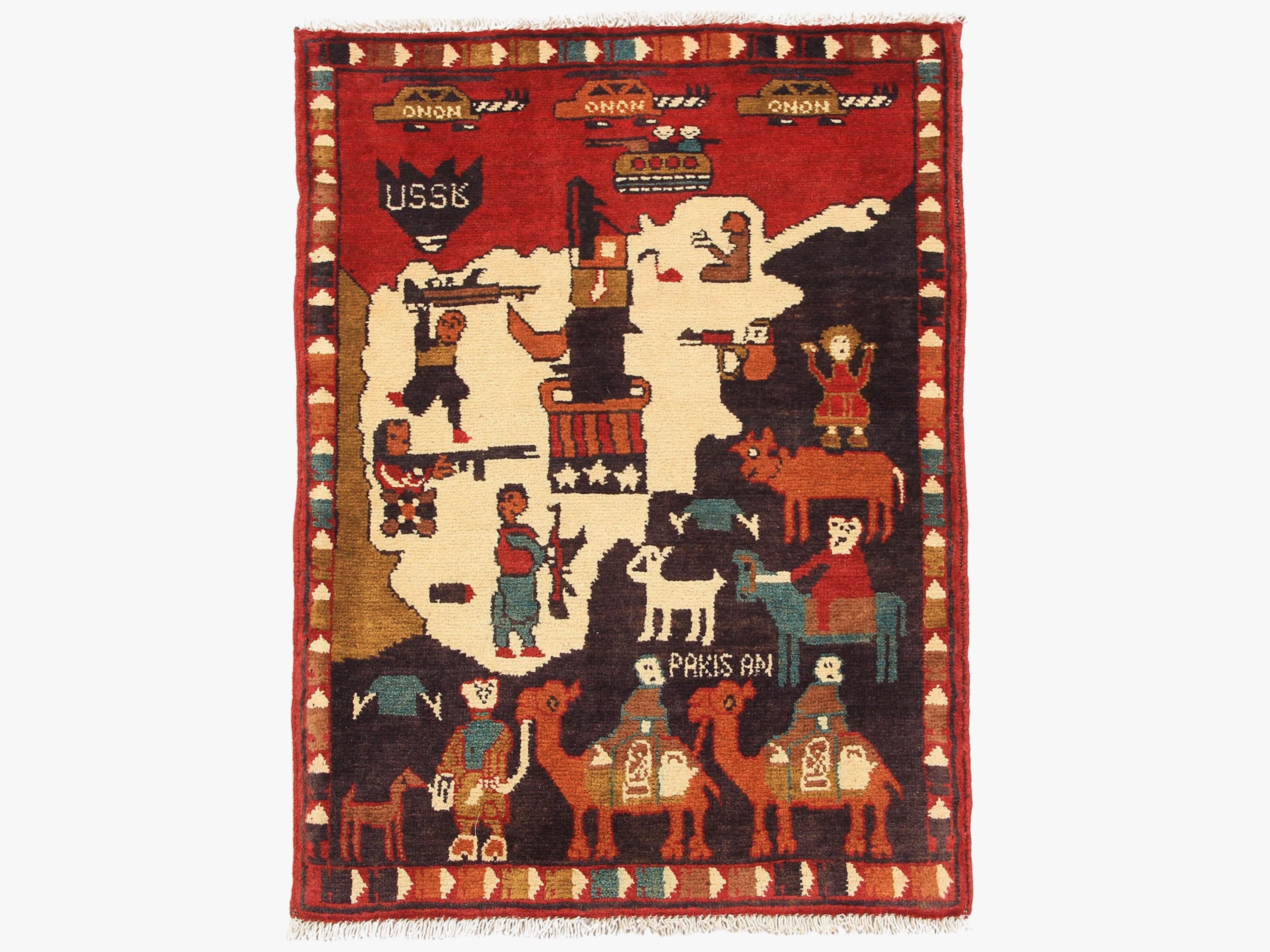 Hand Knotted Wool Pictorial War Rug, Folk Art Tribal Wall Hanging, 2x3 ft