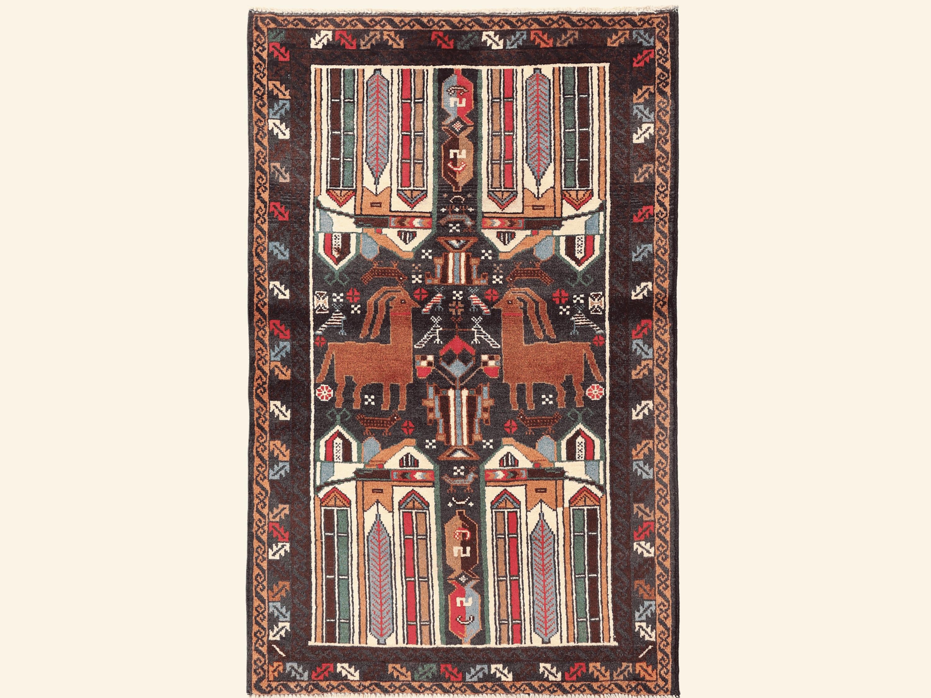 3x5 Animal Motif Tapestry Wall Hanging Rug, Afghan Style Handmade Wool Textile Wall Art, Tribal Folk Art Decor