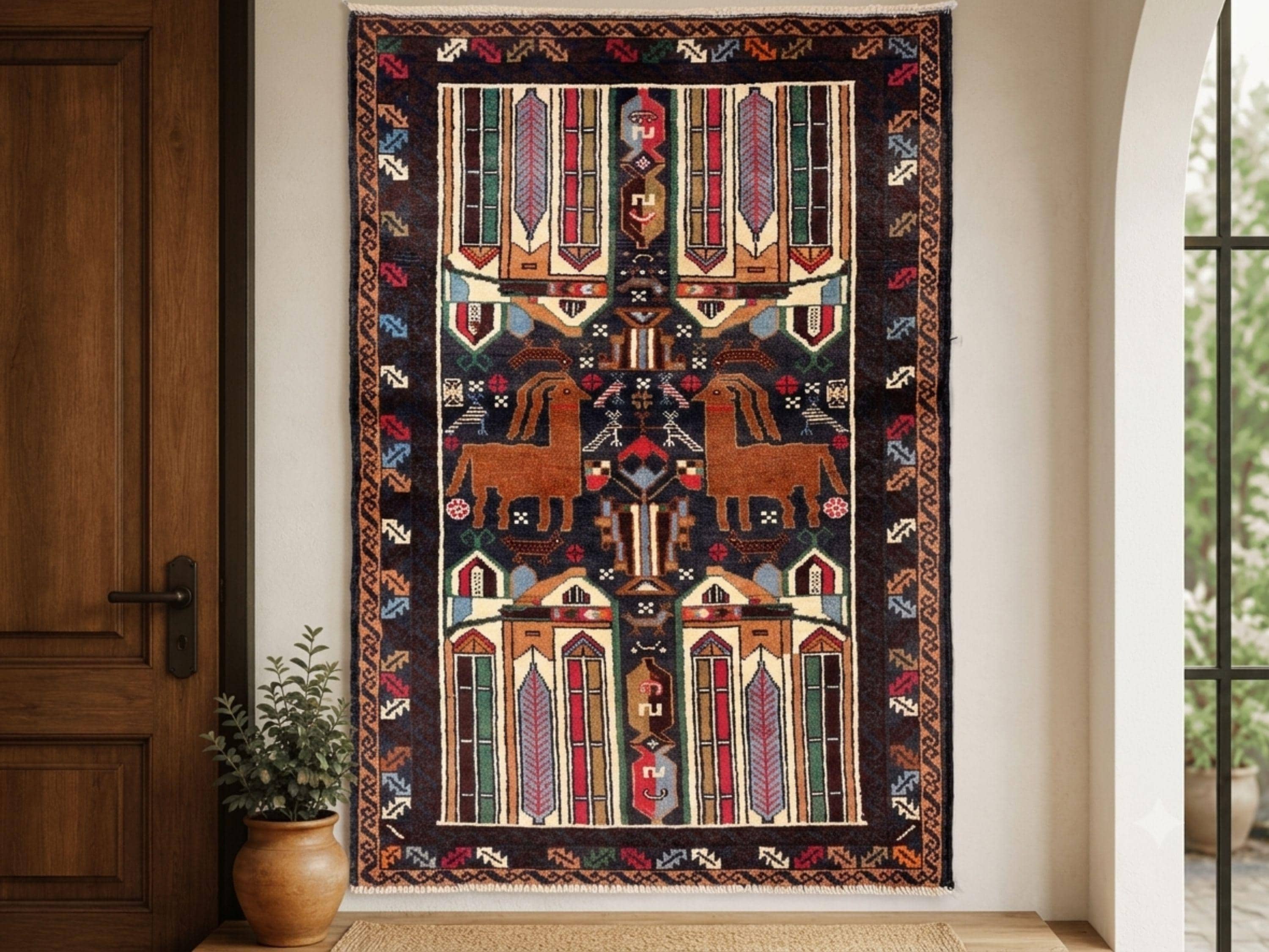 3x5 Animal Motif Tapestry Wall Hanging Rug, Afghan Style Handmade Wool Textile Wall Art, Tribal Folk Art Decor