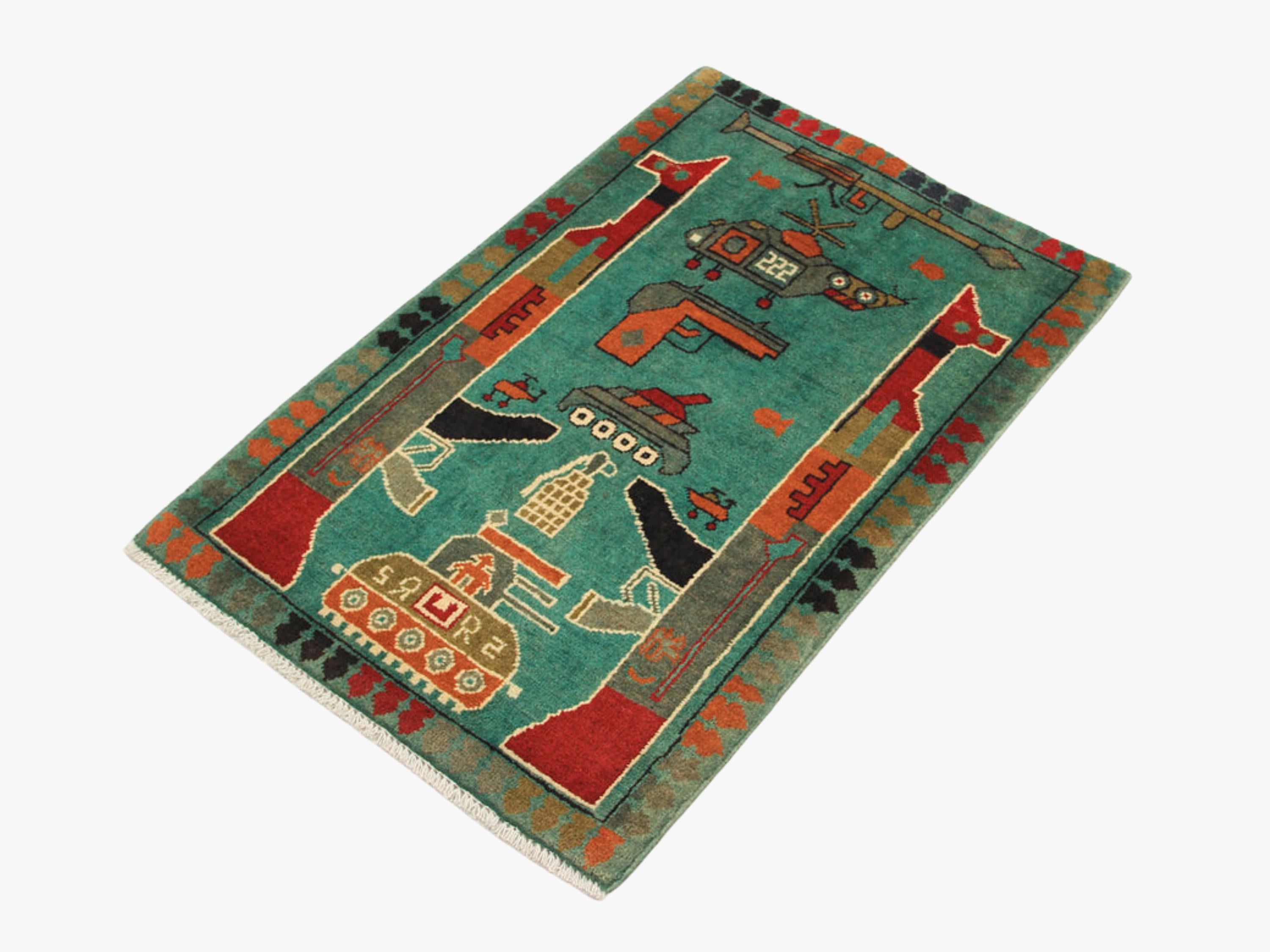 2x3 Hand Knotted Afghan Rug, Wool Tribal War Wall Hanging, Pictorial Folk Art Decor