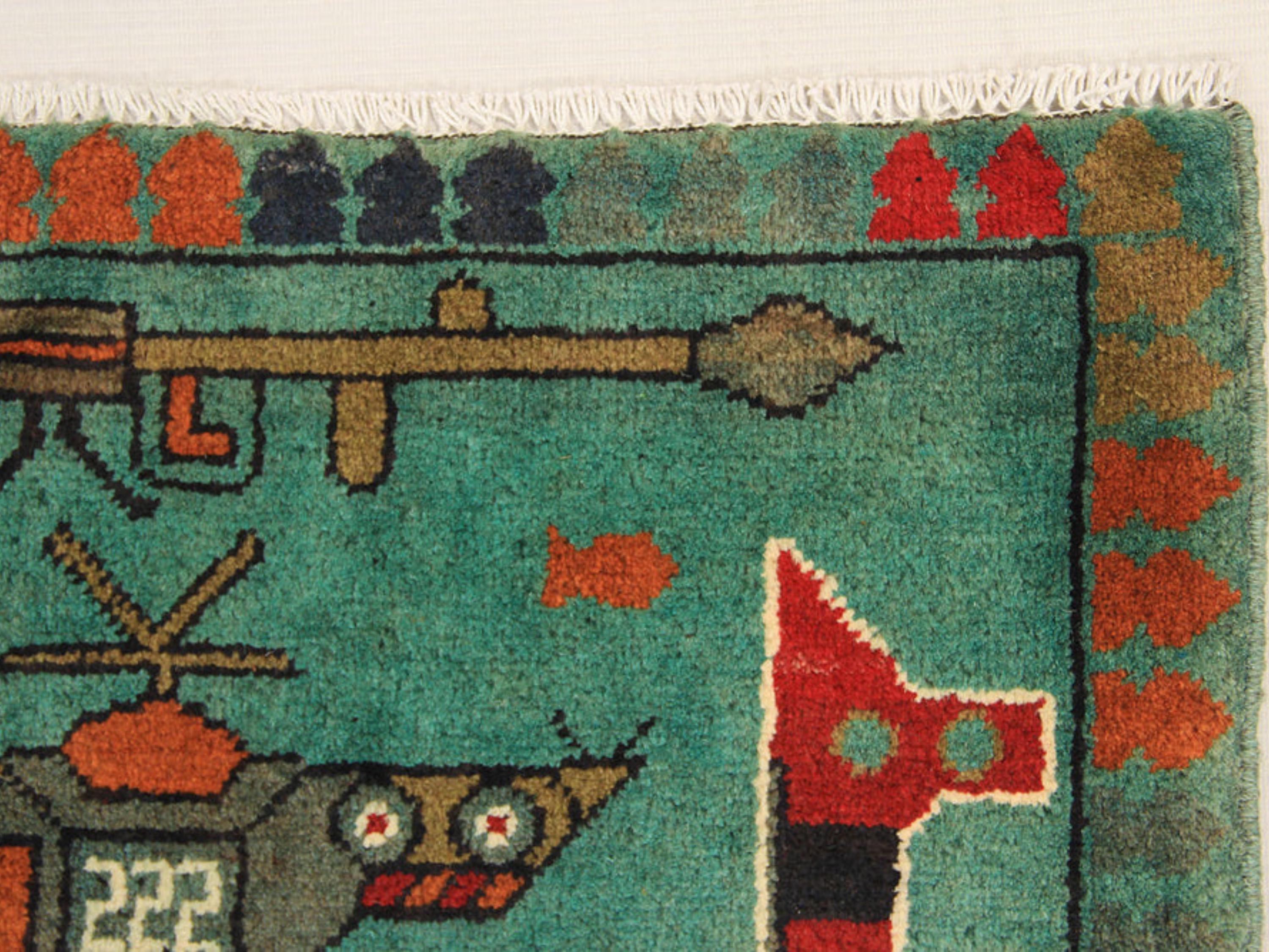 2x3 Hand Knotted Afghan Rug, Wool Tribal War Wall Hanging, Pictorial Folk Art Decor