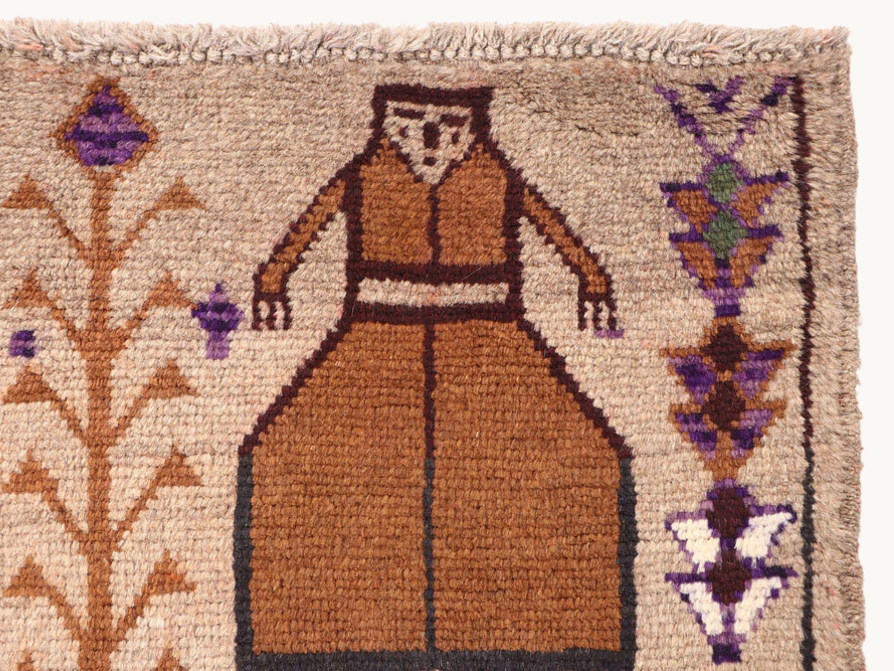 3x4 Artisan Figure Tapestry Wall Hanging Rug, Afghan Style Handmade Wool Textile Wall Art, Tribal Folk Art Decor