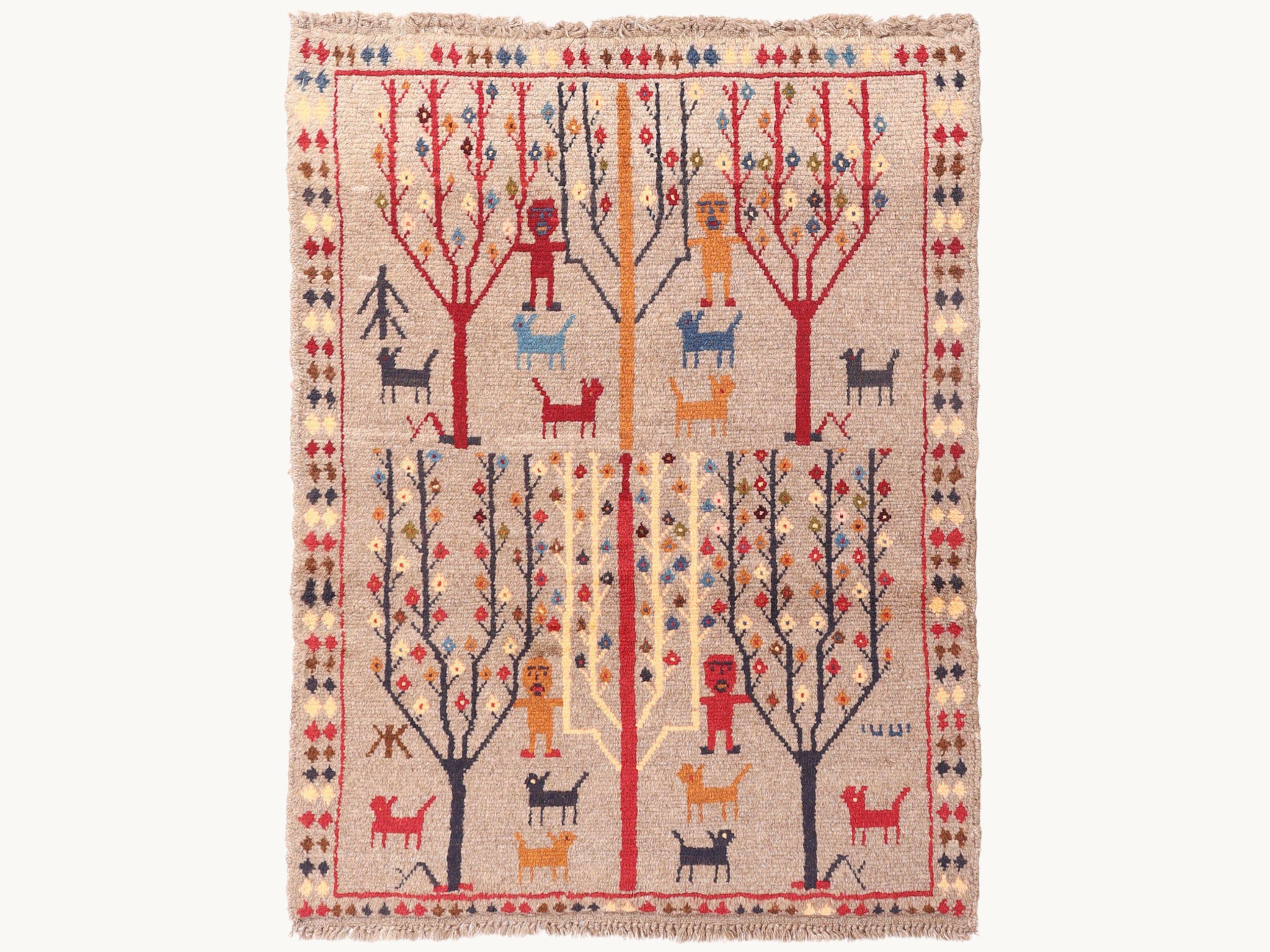 2.6x4 Tree of Life Tapestry Wall Hanging Rug, Afghan Style Handmade Wool Textile Wall Art, Tribal Folk Art Decor