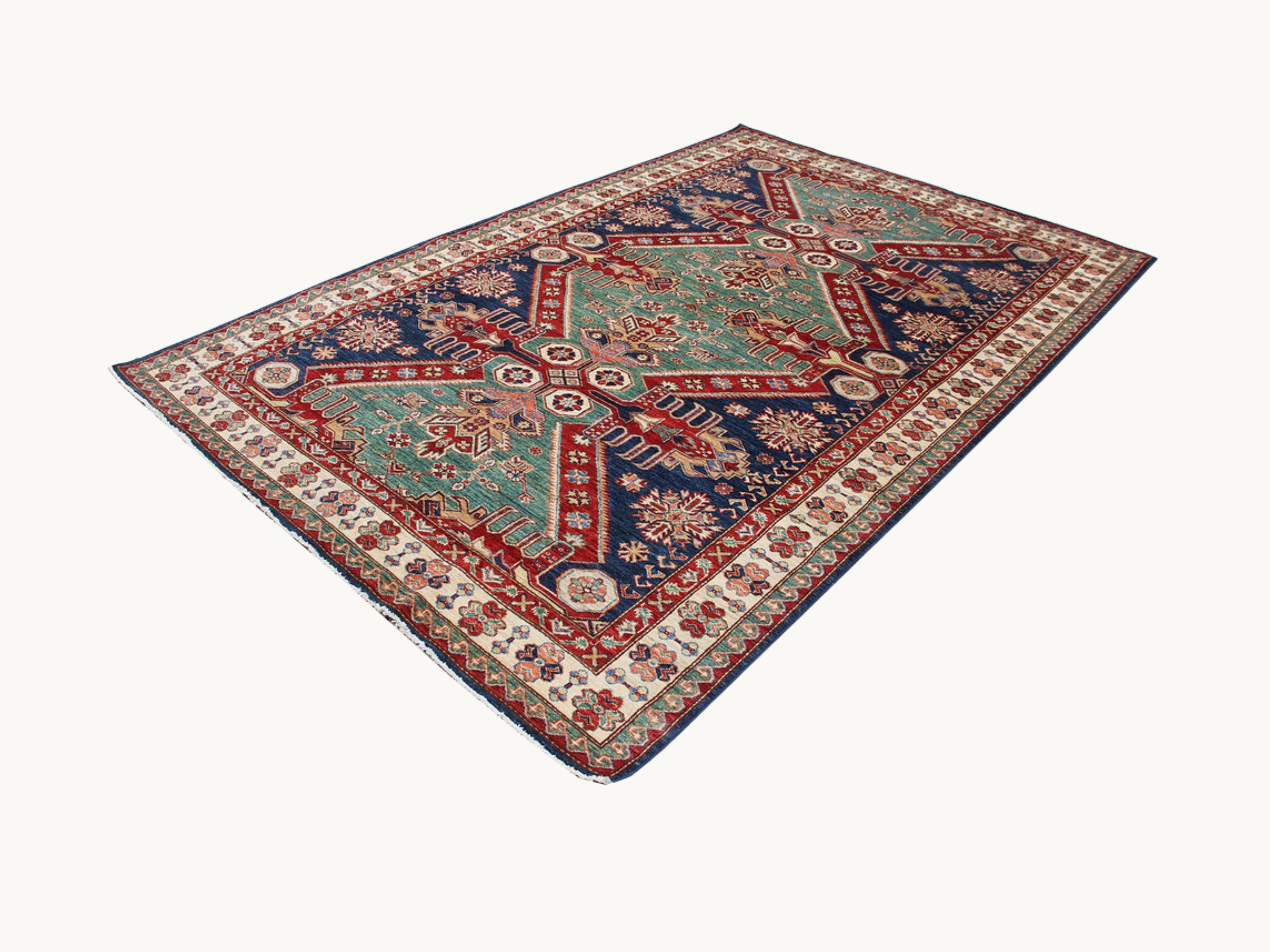 Handmade 6x9 Kazak Rug, Wool Area Green Rug, Hand Knotted Tribal Rug, Geometric Oriental Rug