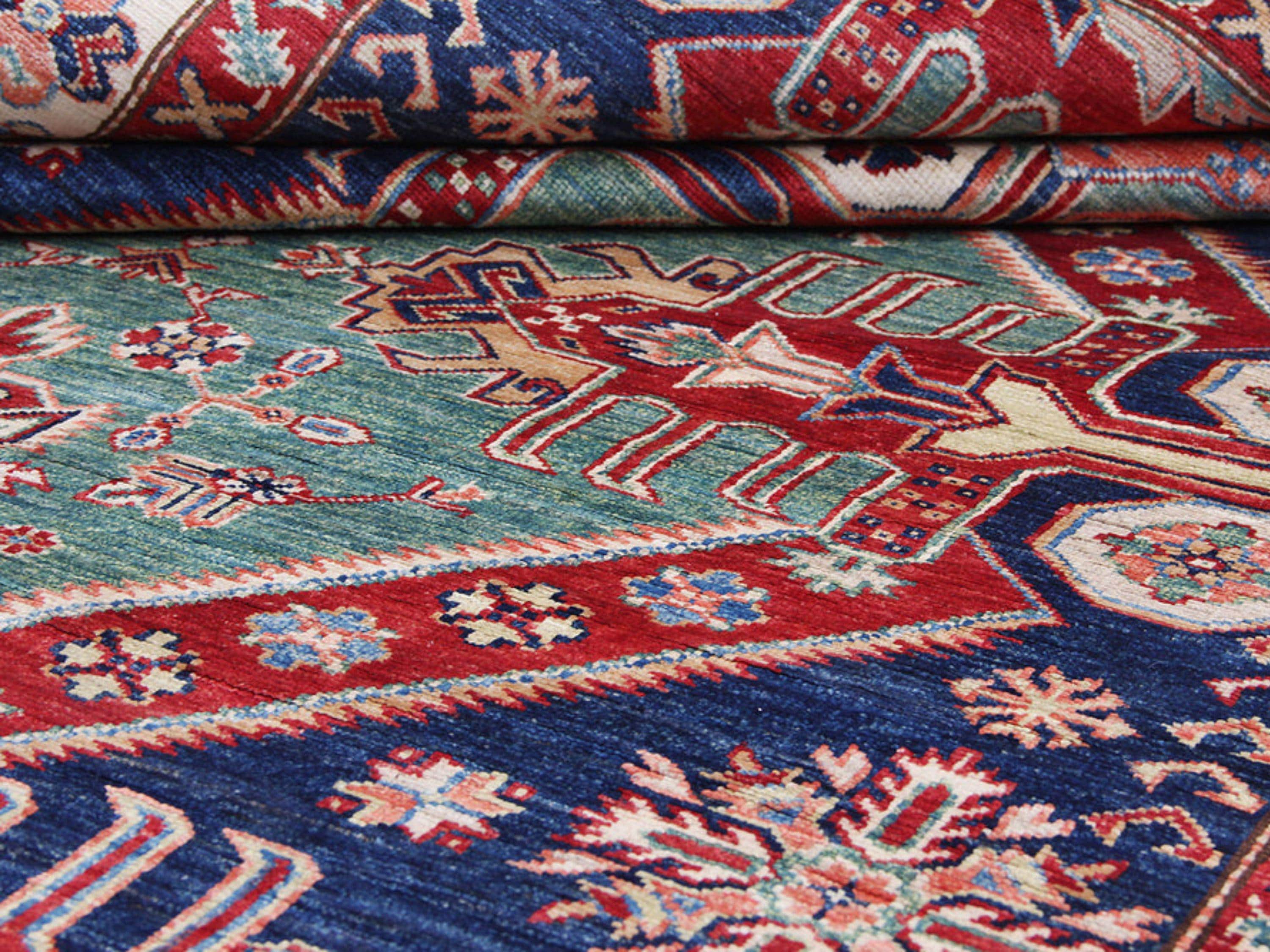 Handmade 6x9 Kazak Rug, Wool Area Green Rug, Hand Knotted Tribal Rug, Geometric Oriental Rug