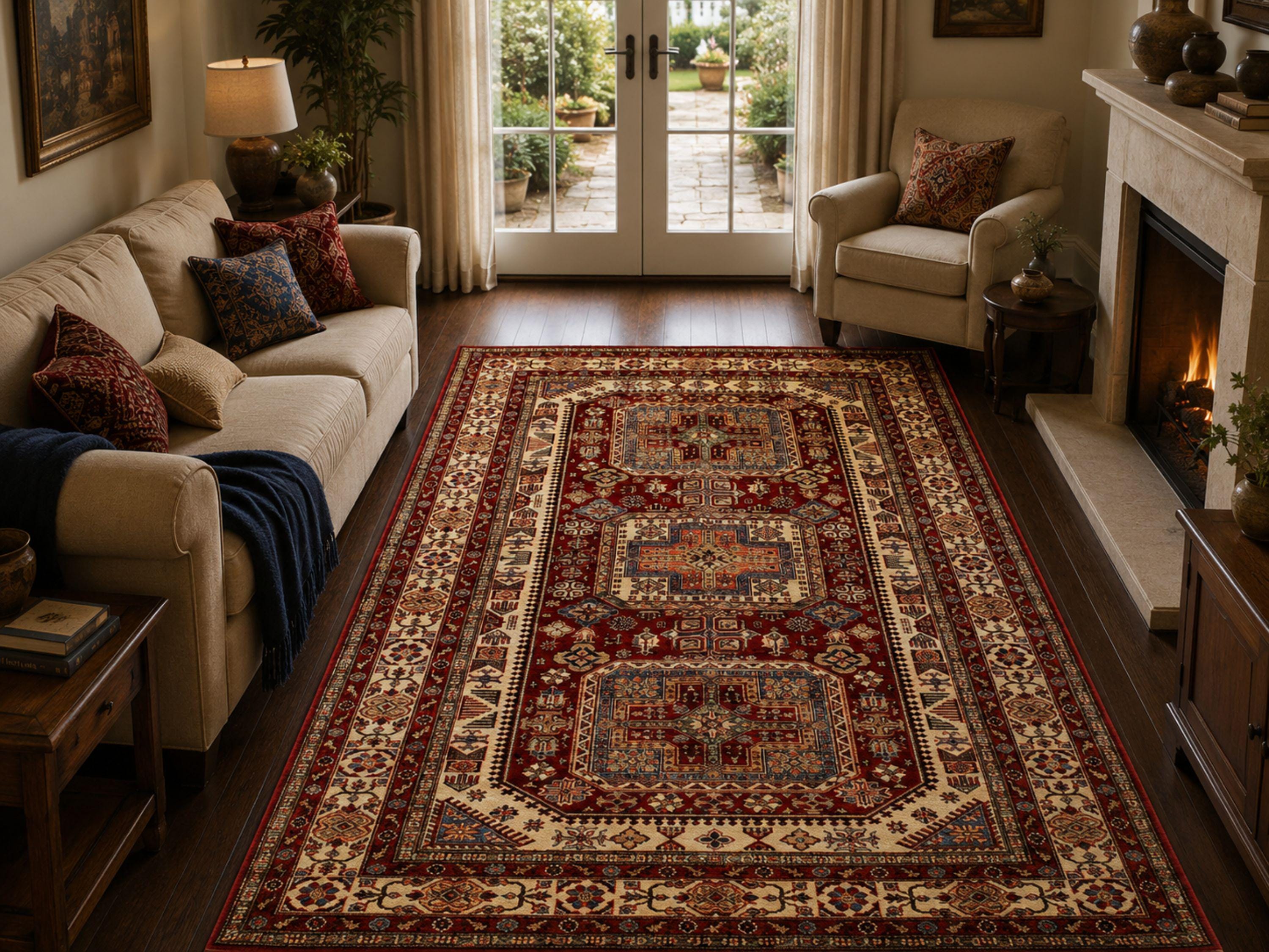 6x9 Kazak Rug, Handmade Red Wool Area Rug, Caucasian Tribal Geometric Carpet, Living Room Bedroom Decor
