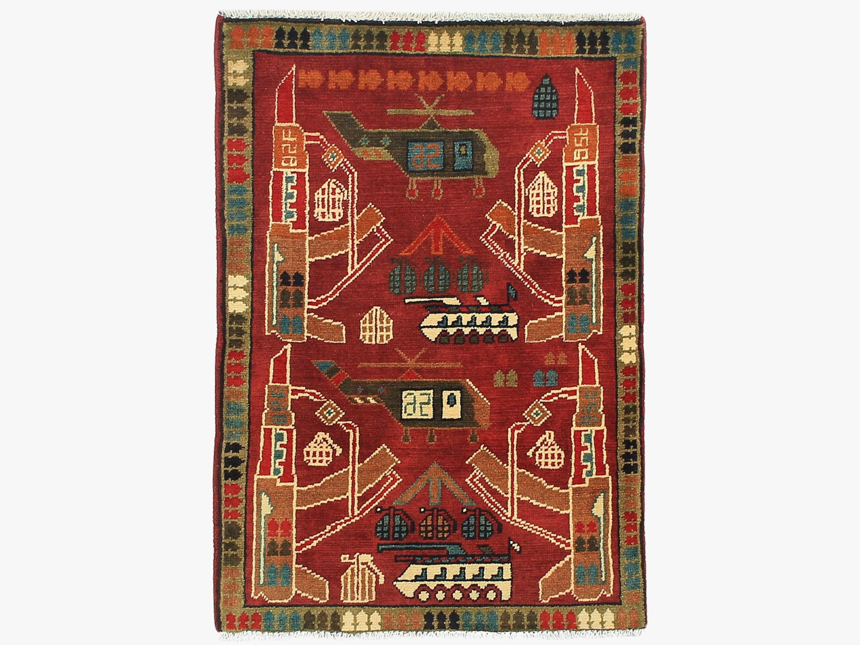 2x3 Red Afghan War Rug, Hand Knotted Wool Tribal Wall Hanging