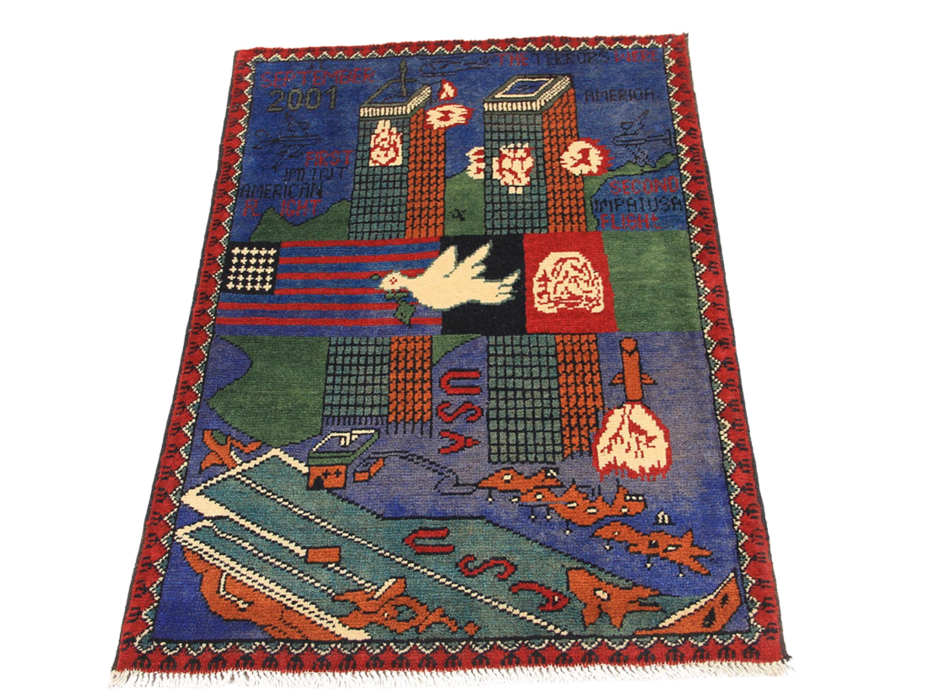 2x3 Collectible Afghan War Rug, Handwoven Wool Memorial Wall Art
