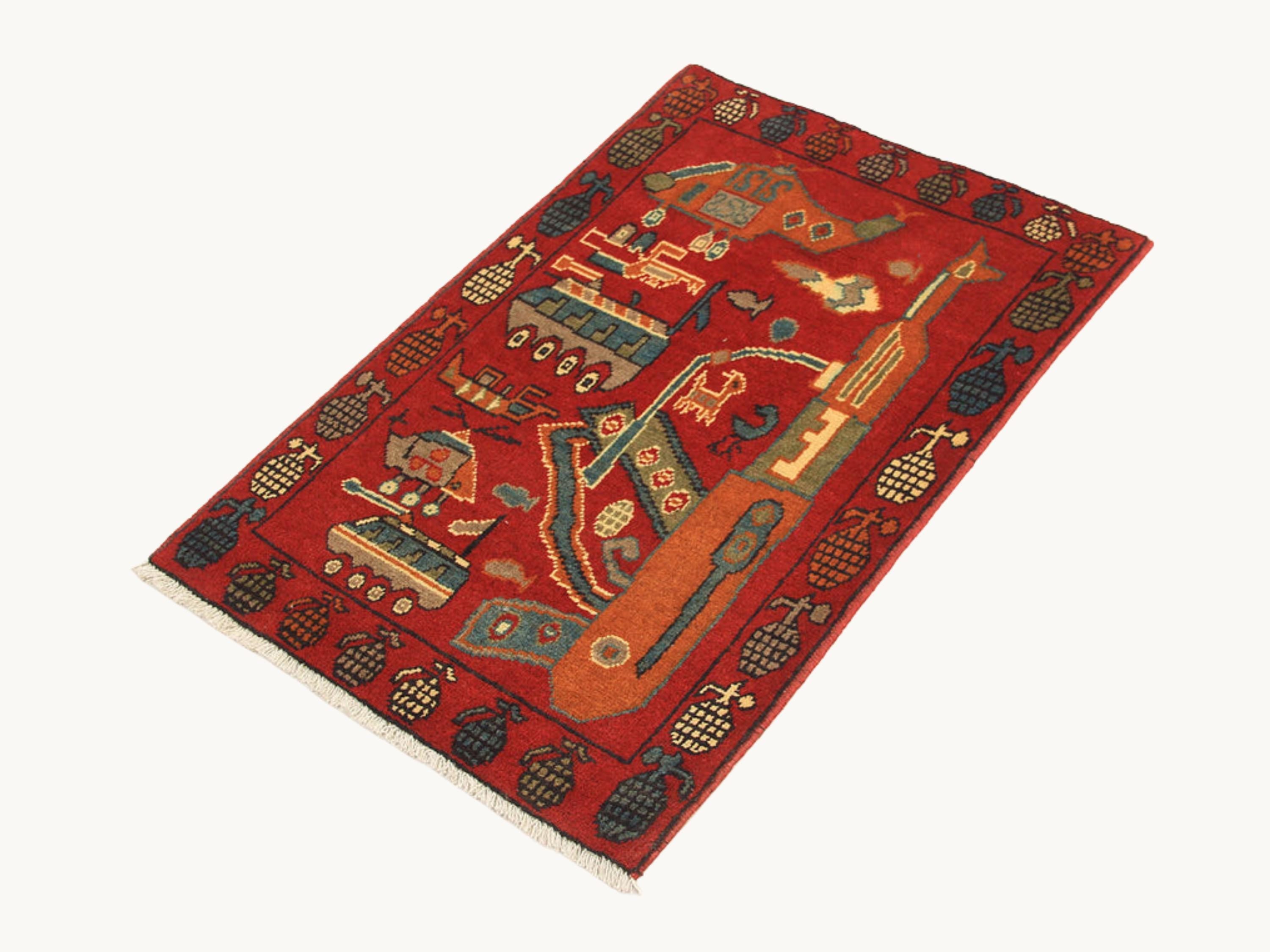 2x3 Military War Rug, Handmade Wool Afghan Tribal Rug, Collectible Folk Art Decor