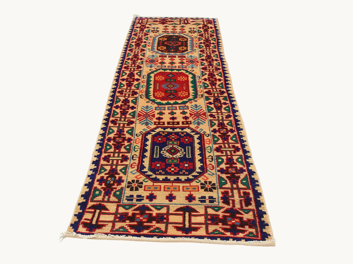 3x10 Tribal Runner Rug, Vintage Hand Knotted Wool Long Hallway Runner, Ivory Geometric Oriental Corridor Rug