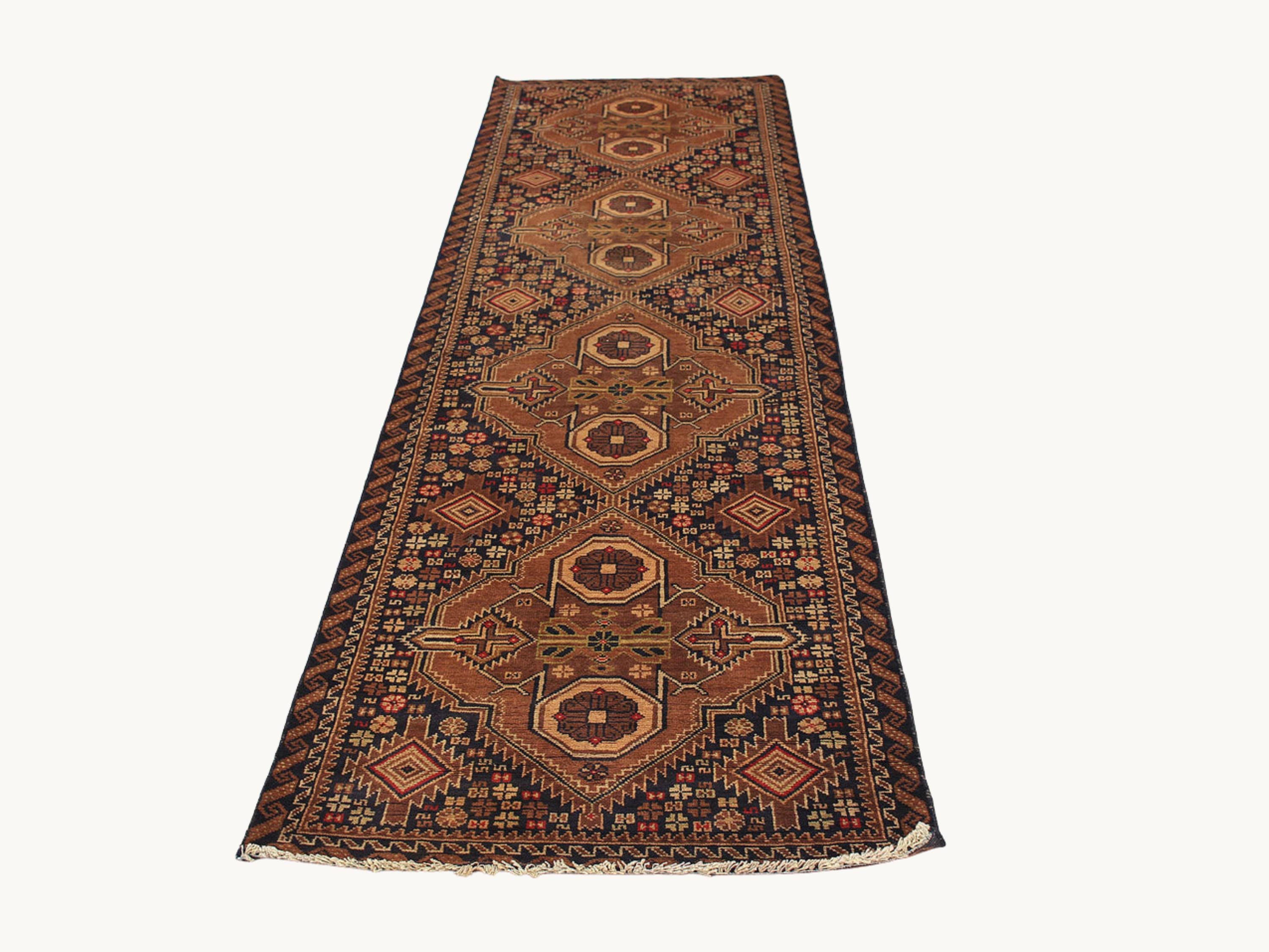 3x10 Tribal Runner Rug, Hand Knotted Wool Geometric Hallway Runner, Brown Oriental Corridor Decor