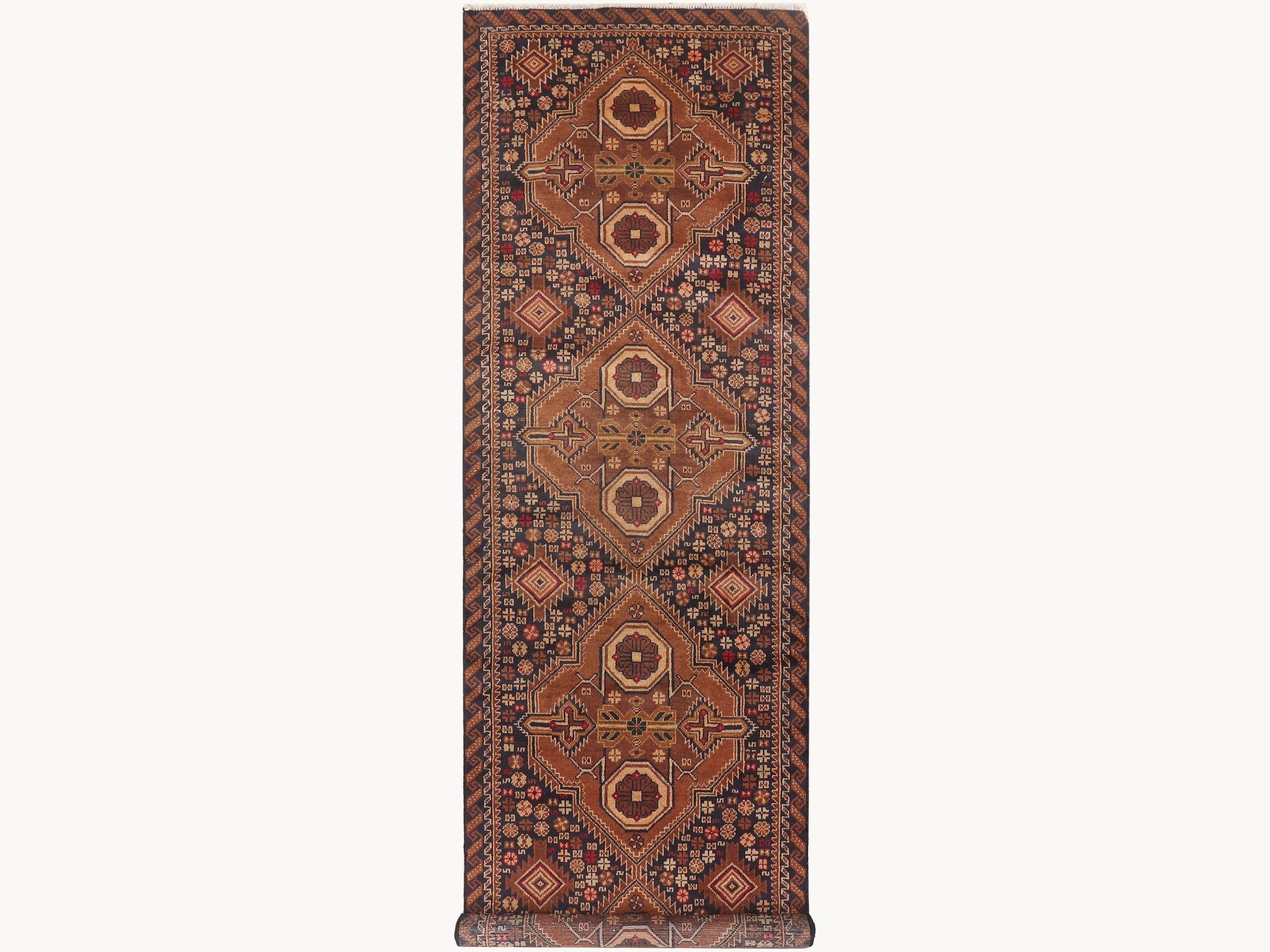 3x10 Tribal Runner Rug, Hand Knotted Wool Geometric Long Hallway Runner, Brown Oriental Corridor Carpet