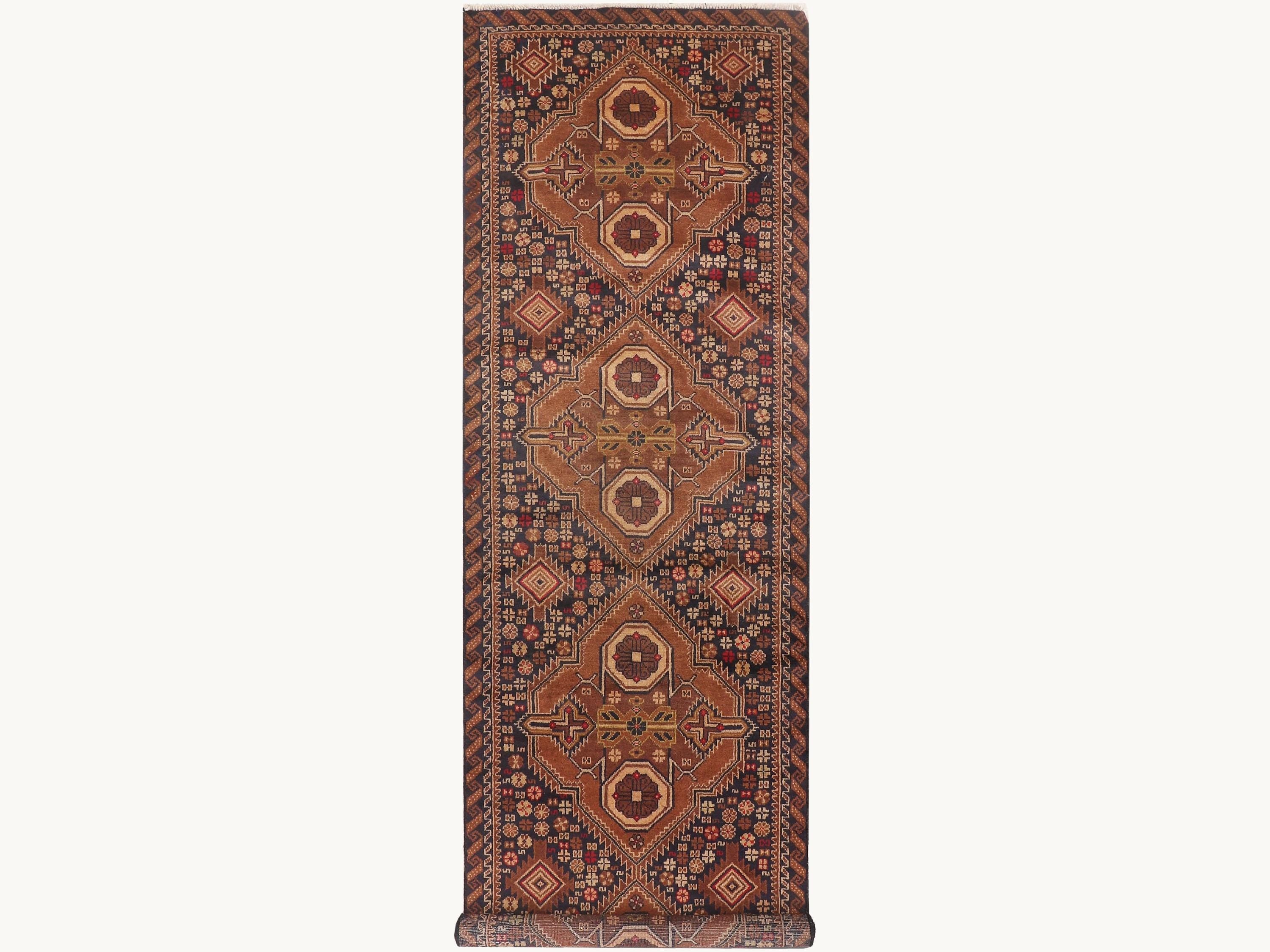 3x10 Tribal Runner Rug, Hand Knotted Wool Geometric Hallway Runner, Brown Oriental Corridor Decor