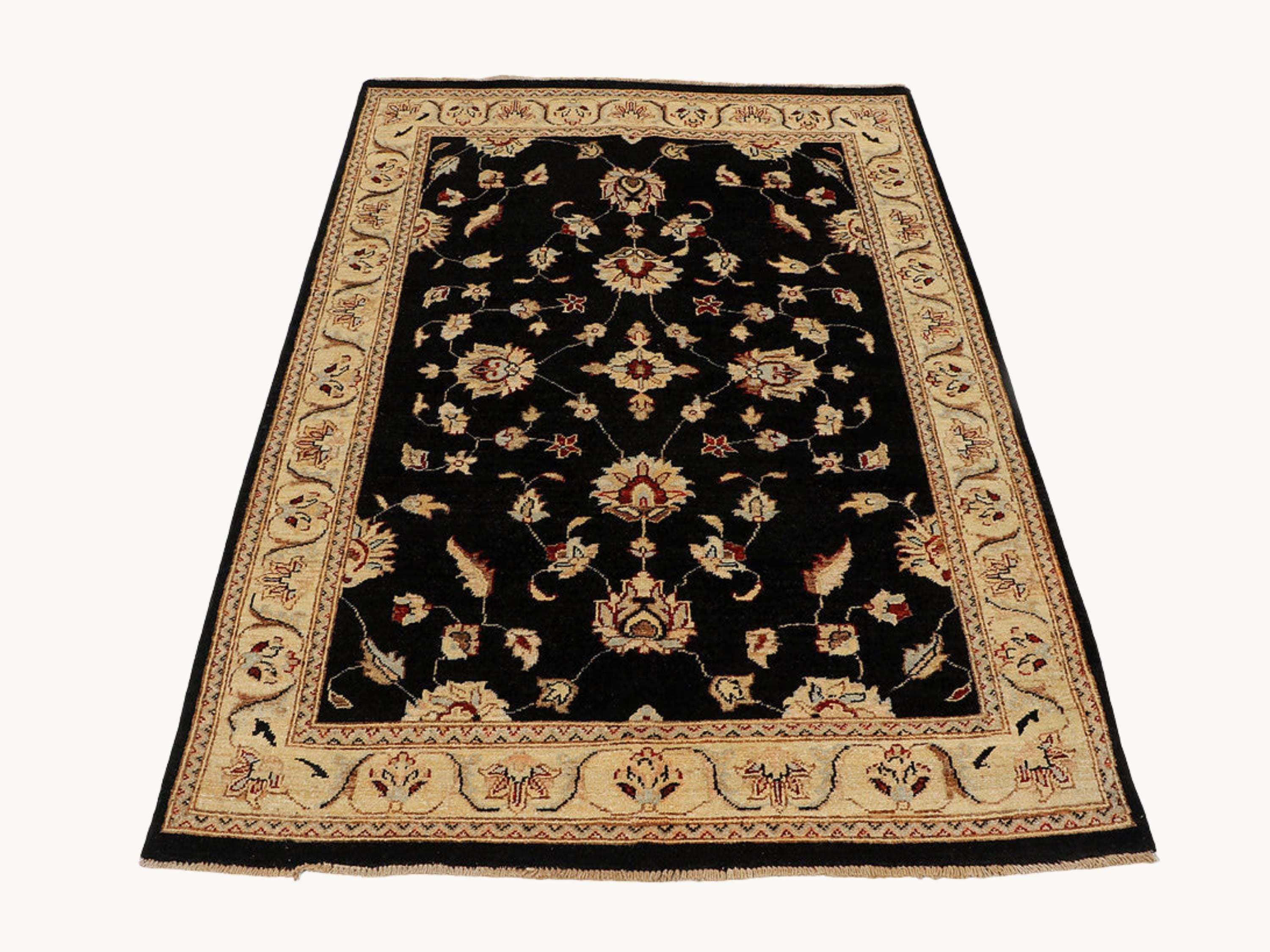 4x6 Persian Style Rug, Hand Knotted Black Wool Rug, Handmade Floral Area Carpet, Living Room Bedroom Decor