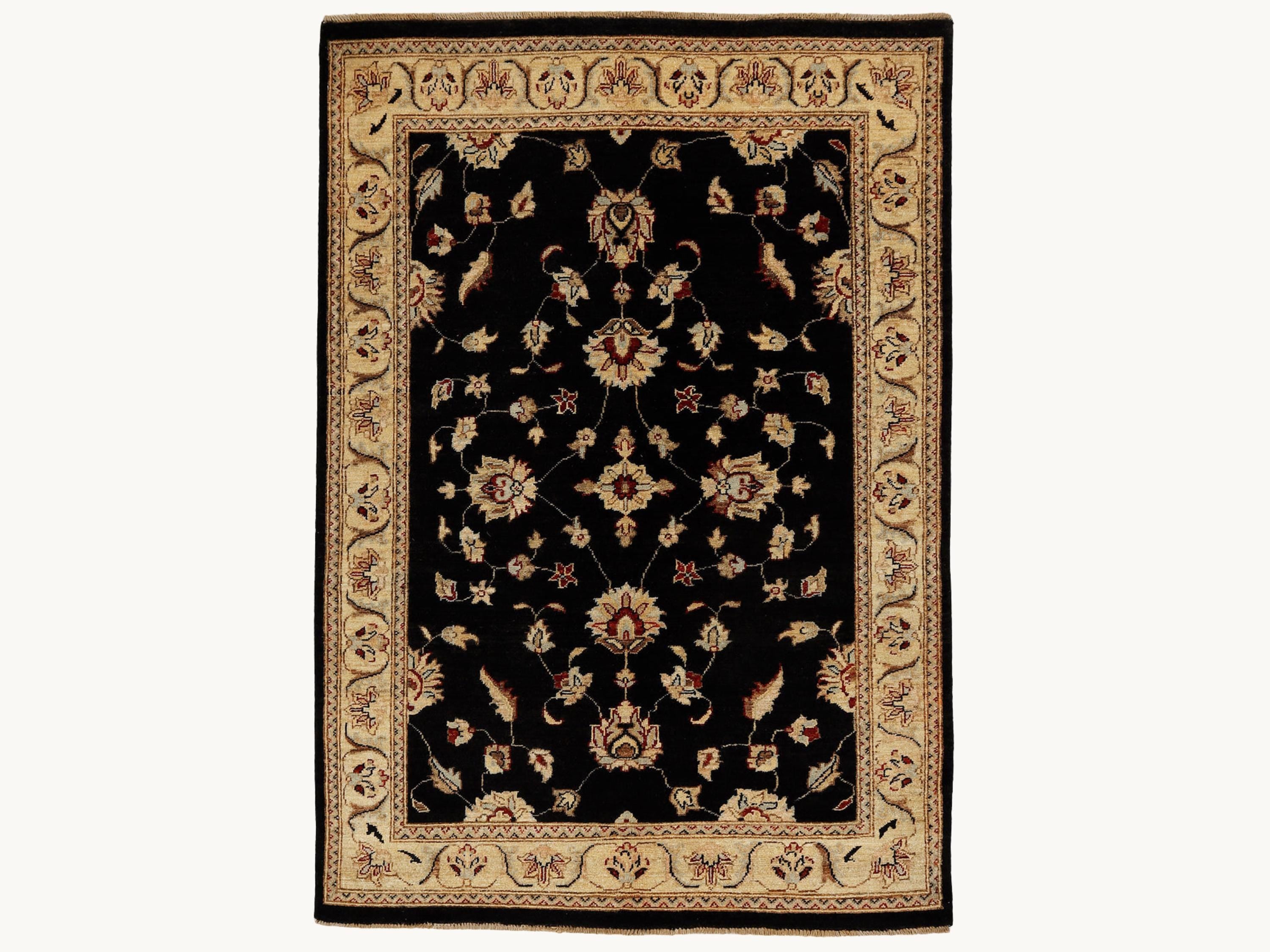 4x6 Persian Style Rug, Hand Knotted Black Wool Rug, Handmade Floral Area Carpet, Living Room Bedroom Decor