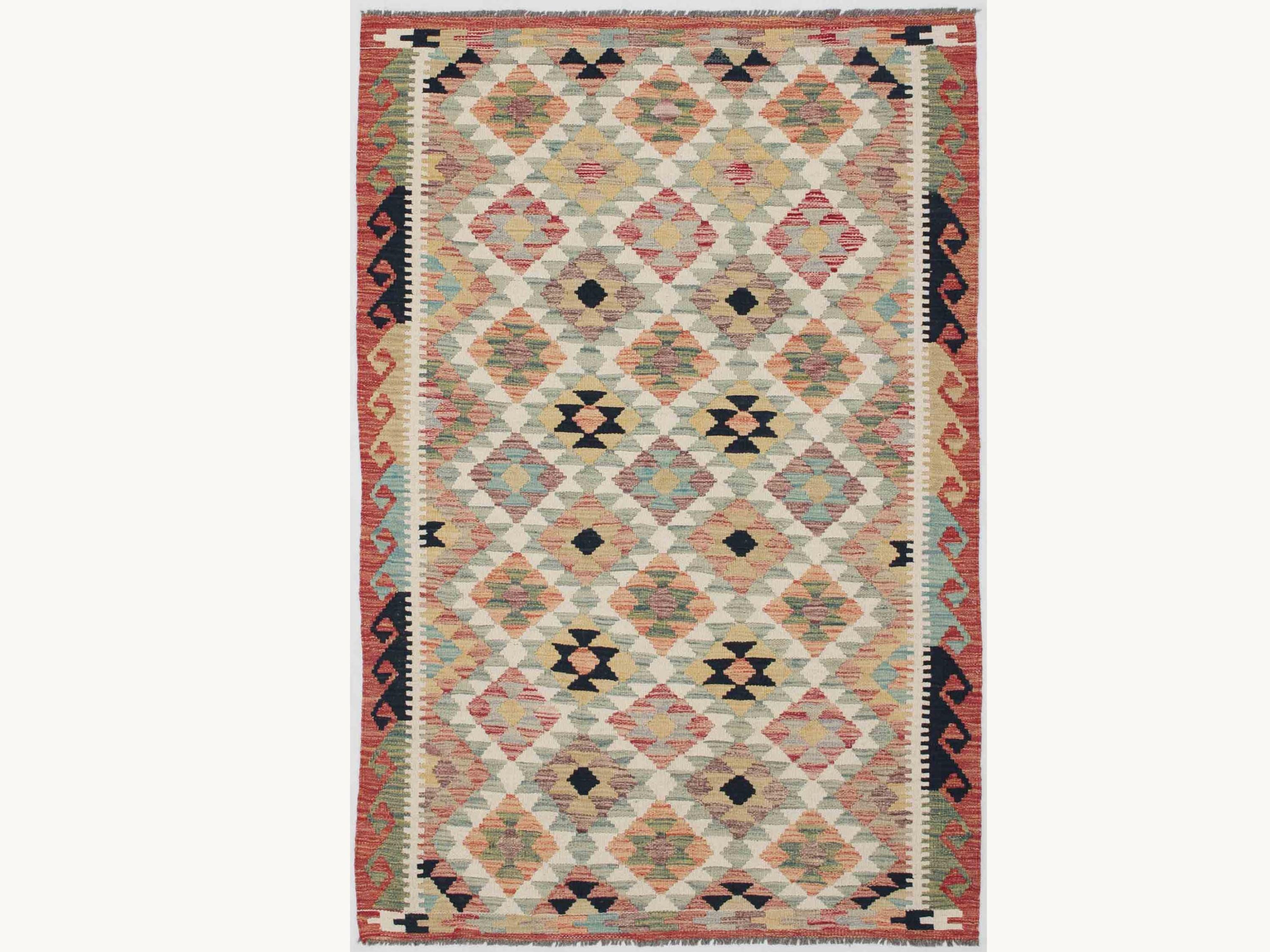 4x6 Geometric Wool Rug, Handmade Hand Knotted Diamond Pattern Area Rug, Tribal Boho Carpet