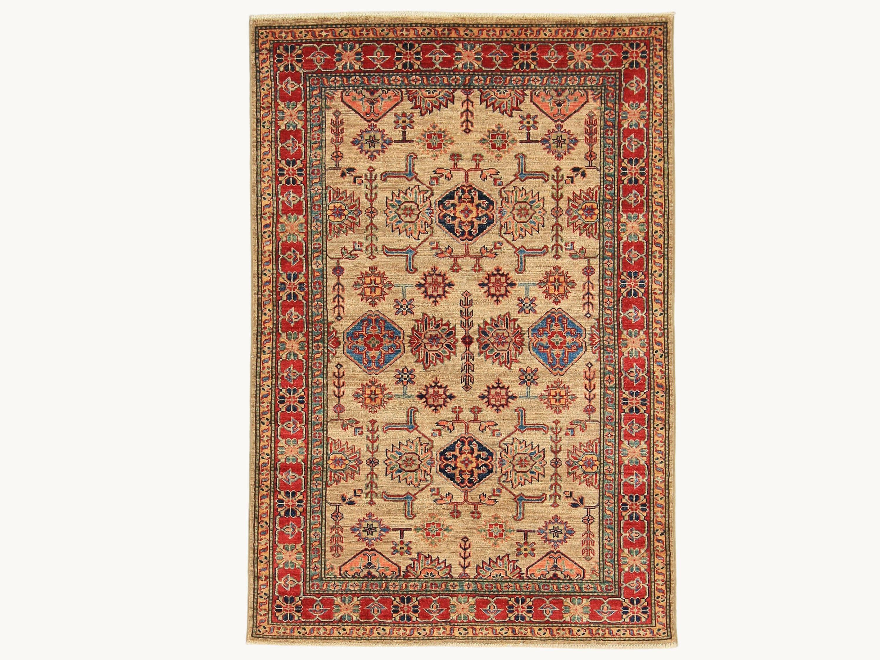 4x6 Geometric Tribal Kazak Rug, Caucasian Hand Knotted Wool Area Rug, Ivory Bedroom Decor