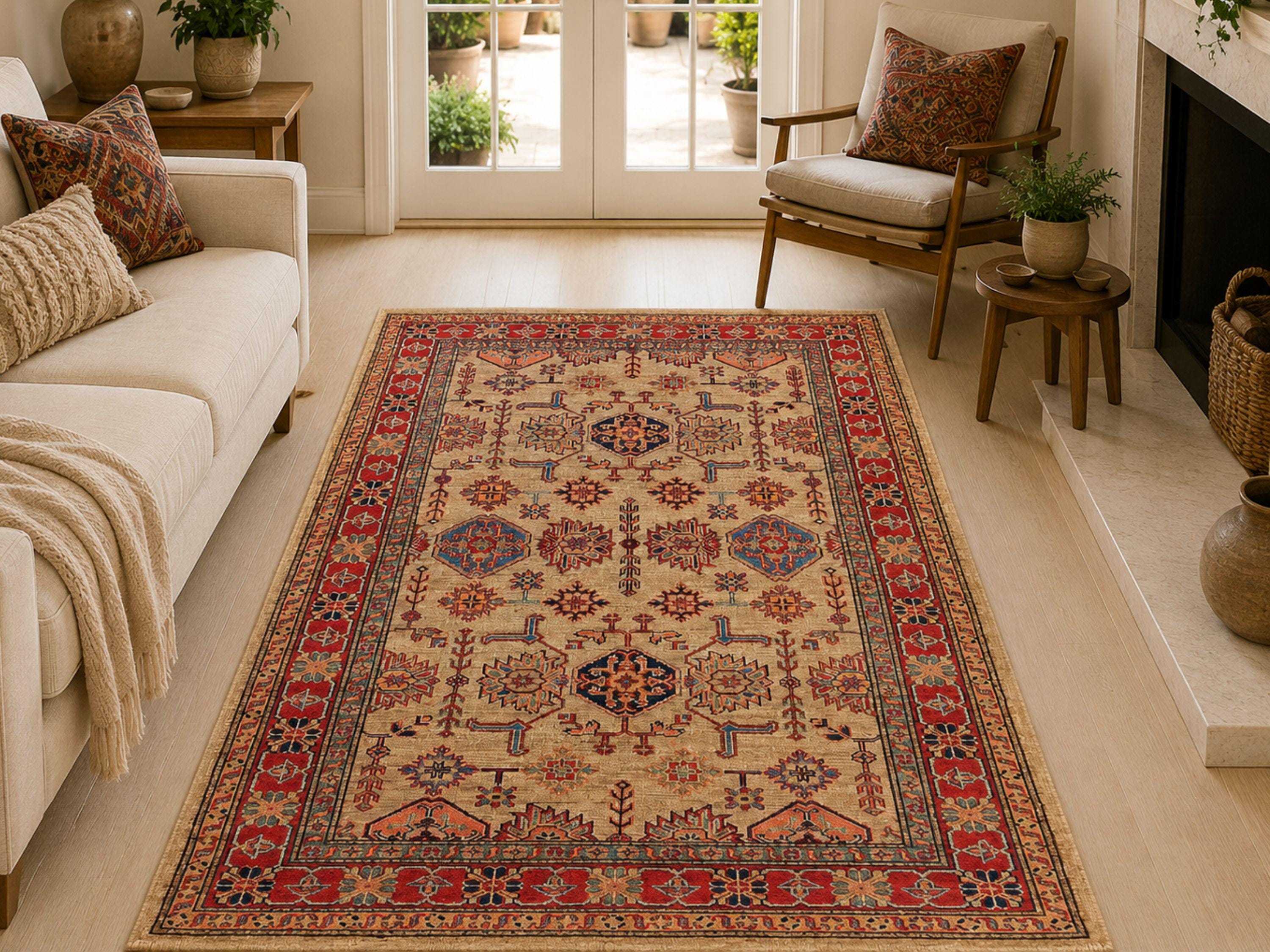 4x6 Geometric Tribal Kazak Rug, Caucasian Hand Knotted Wool Area Rug, Ivory Bedroom Decor
