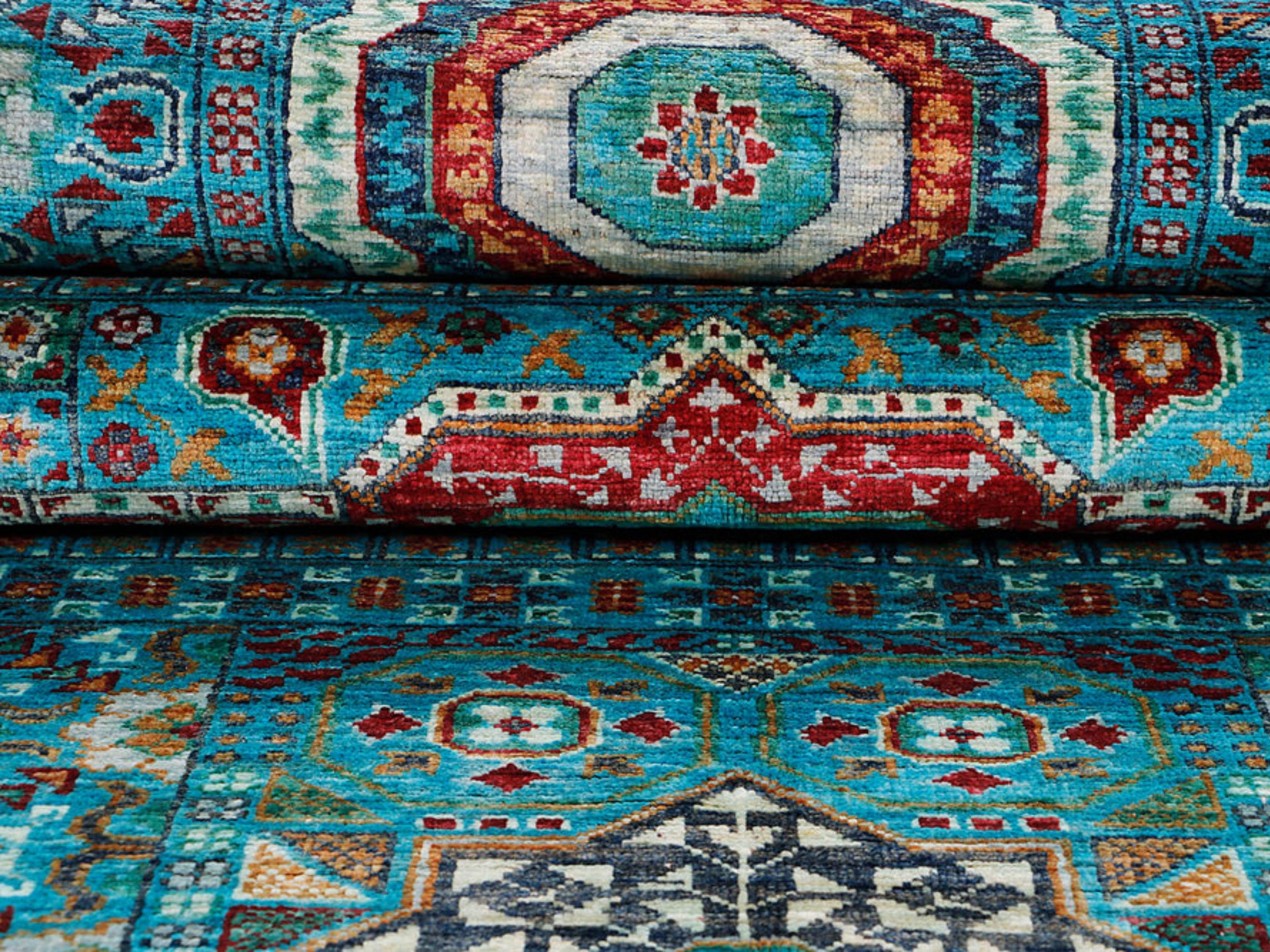 3x10 Mamluk Style Runner Rug, Hand Knotted Wool Medallion Long Hallway Runner, Aqua Oriental Kitchen Entryway Carpet