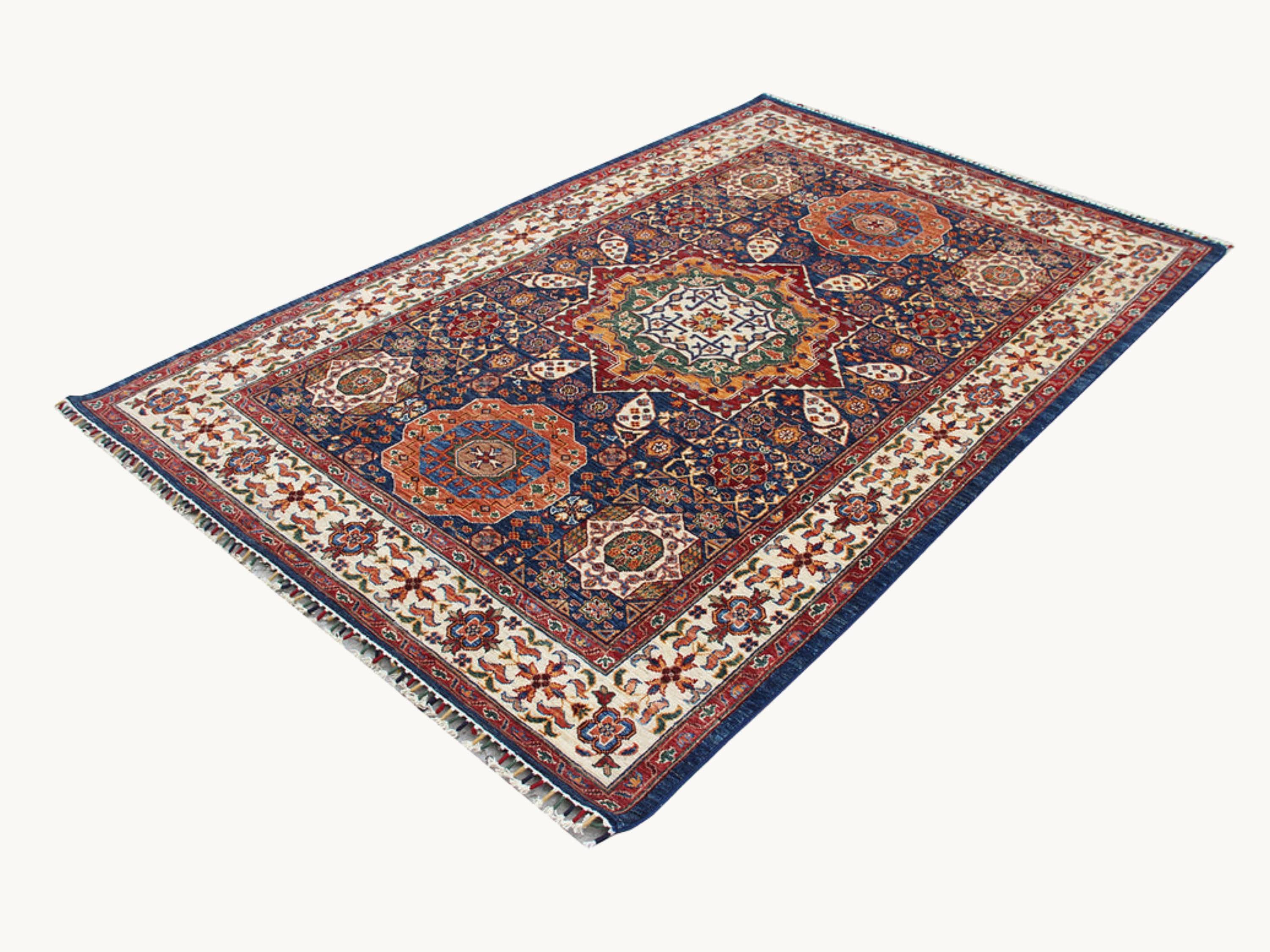 5x7 Mamluk Persian Style Rug, Blue Hand Knotted Wool Area Rug, Geometric Medallion Oriental Carpet
