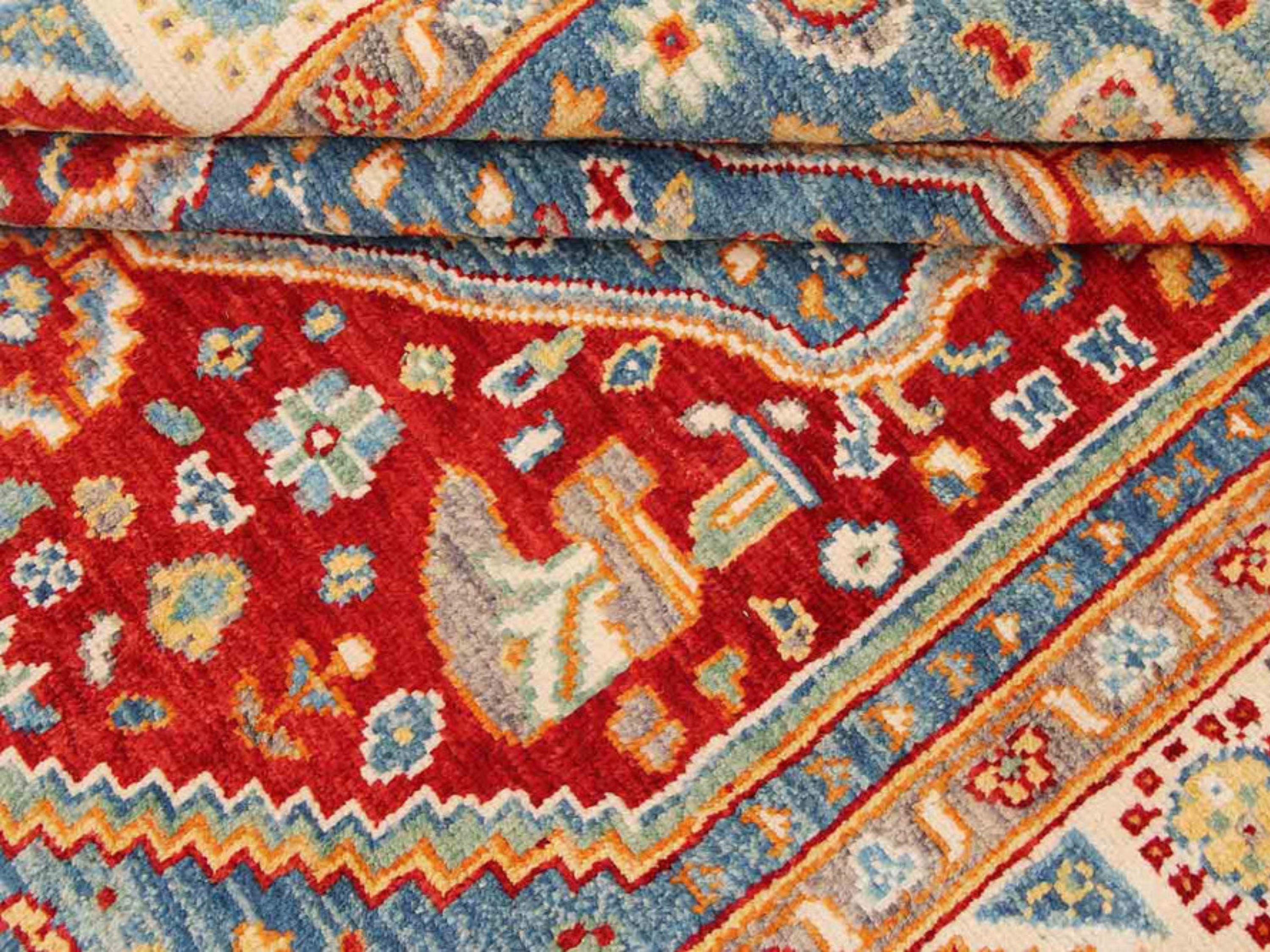 5.6x8 Turkish Qashqai Rug, Blue Red Hand Knotted Wool Area Rug, Tribal Geometric Carpet, Living Room Bedroom Decor