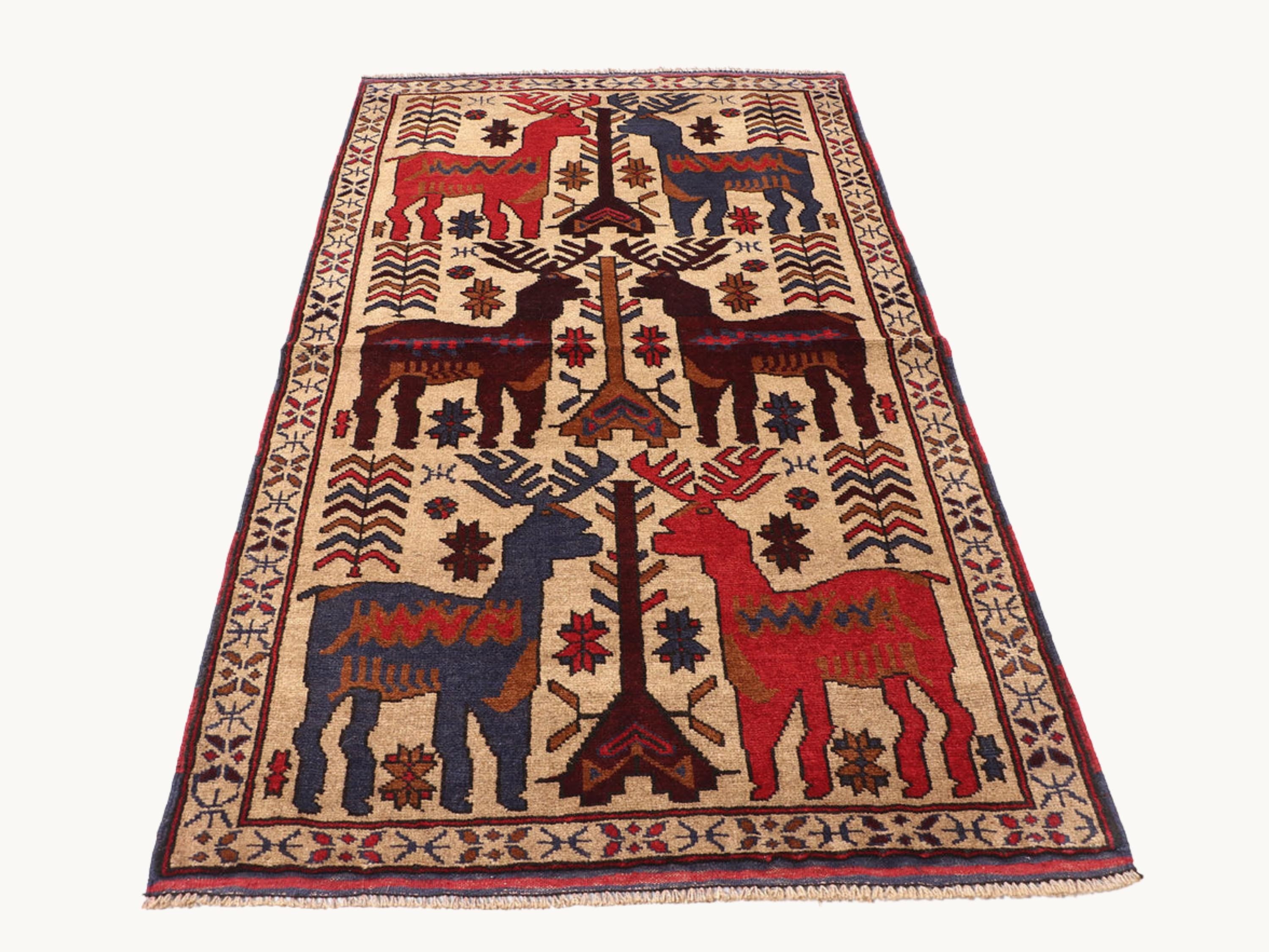 3x5 Animal Motif Tapestry Wall Hanging Rug, Afghan Style Handmade Wool Textile Wall Art, Tribal Folk Art Decor