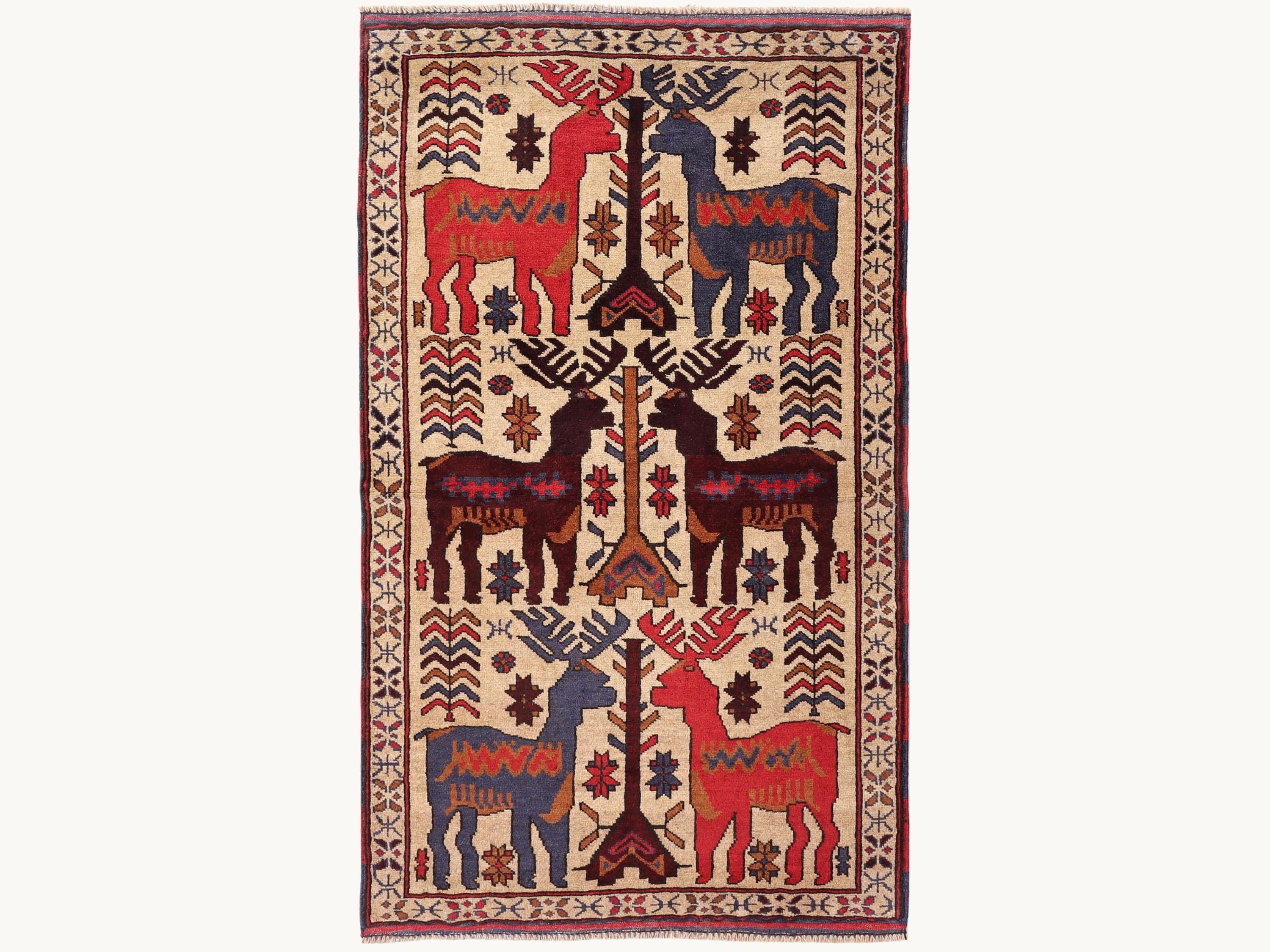 3x5 Animal Motif Tapestry Wall Hanging Rug, Afghan Style Handmade Wool Textile Wall Art, Tribal Folk Art Decor