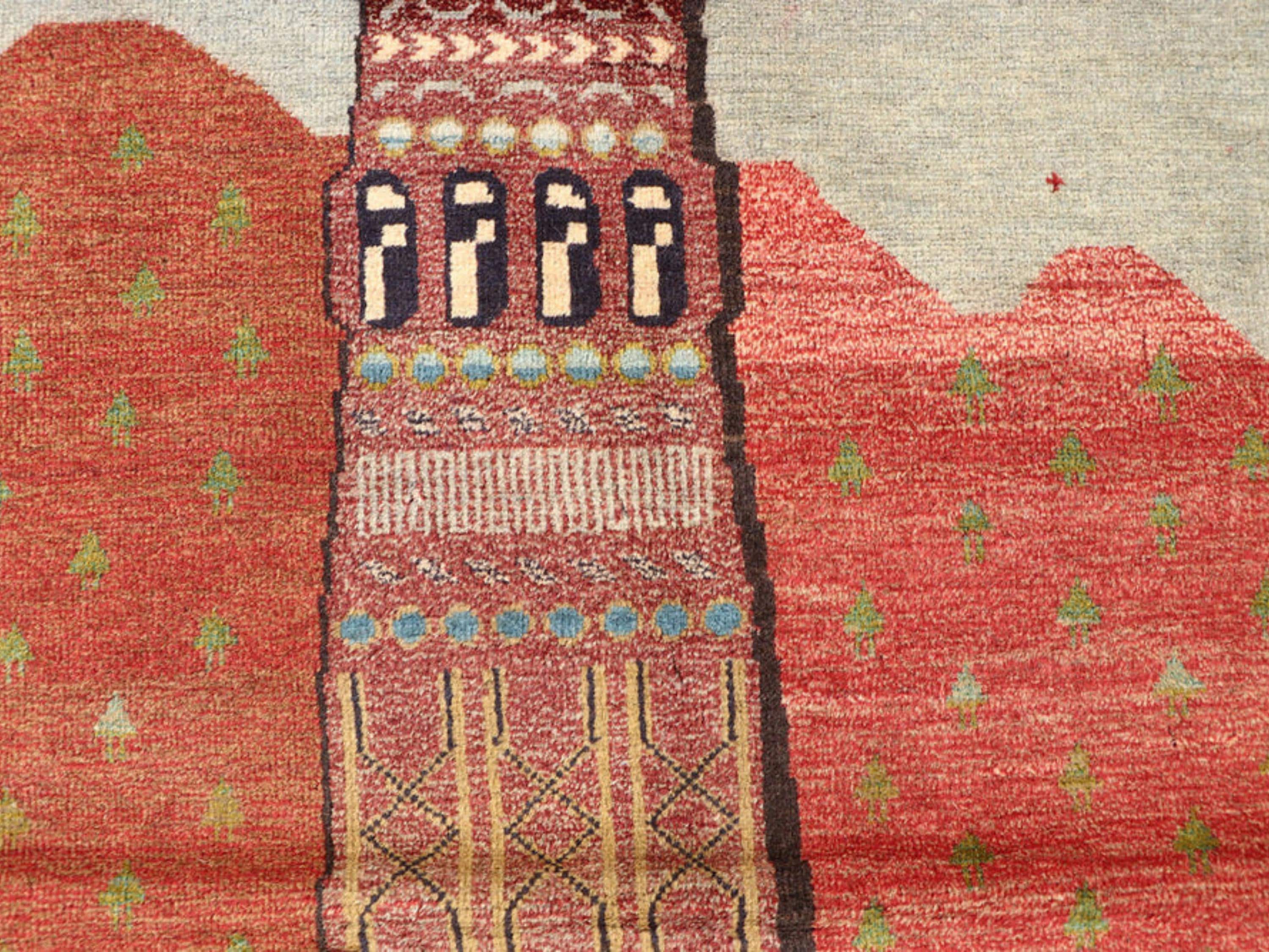 3x4 Architectural Pictorial Tapestry Wall Hanging Rug, Afghan Style Handmade Wool Textile Wall Art, Folk Art Decor