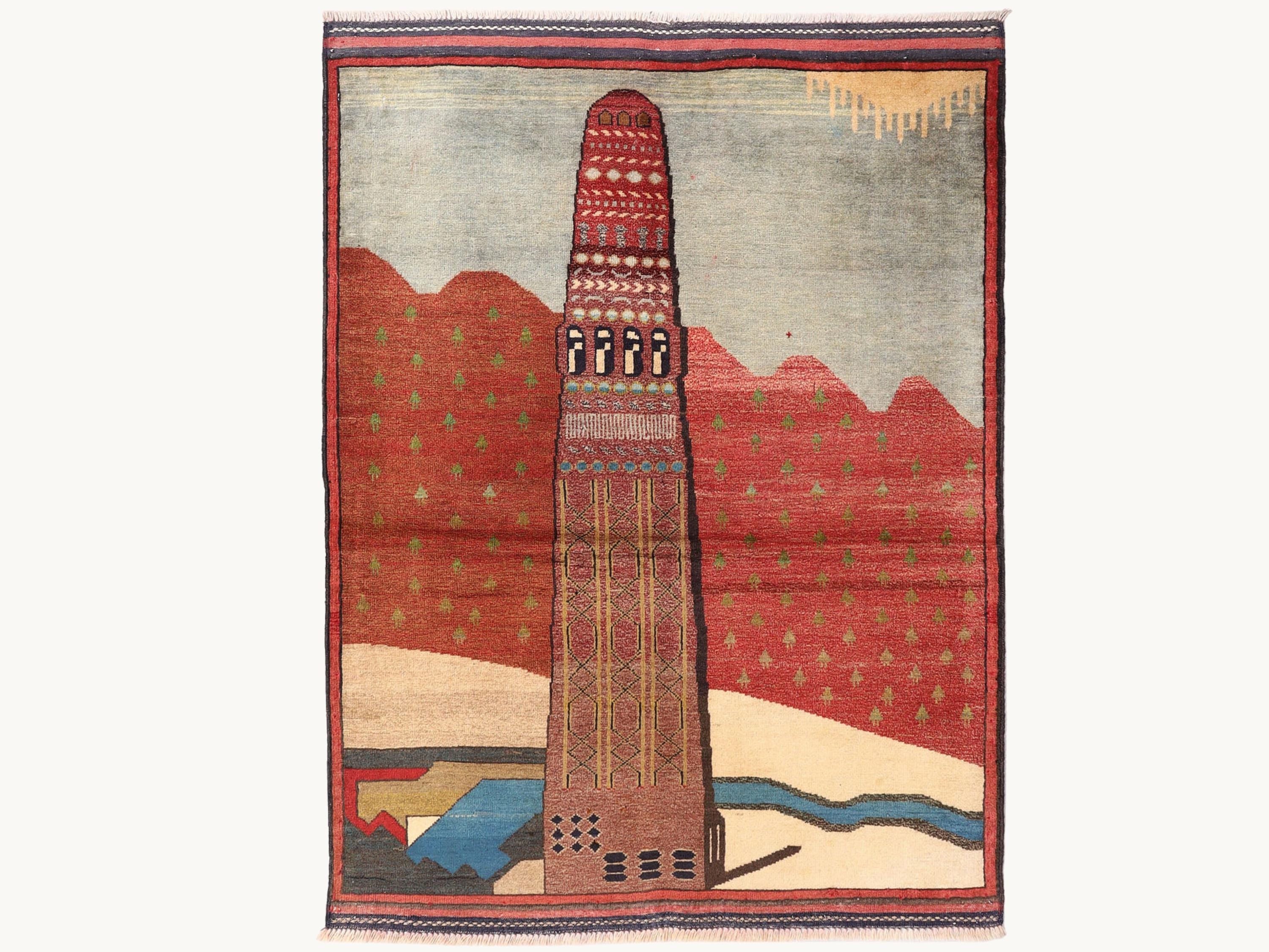 3x4 Architectural Pictorial Tapestry Wall Hanging Rug, Afghan Style Handmade Wool Textile Wall Art, Folk Art Decor