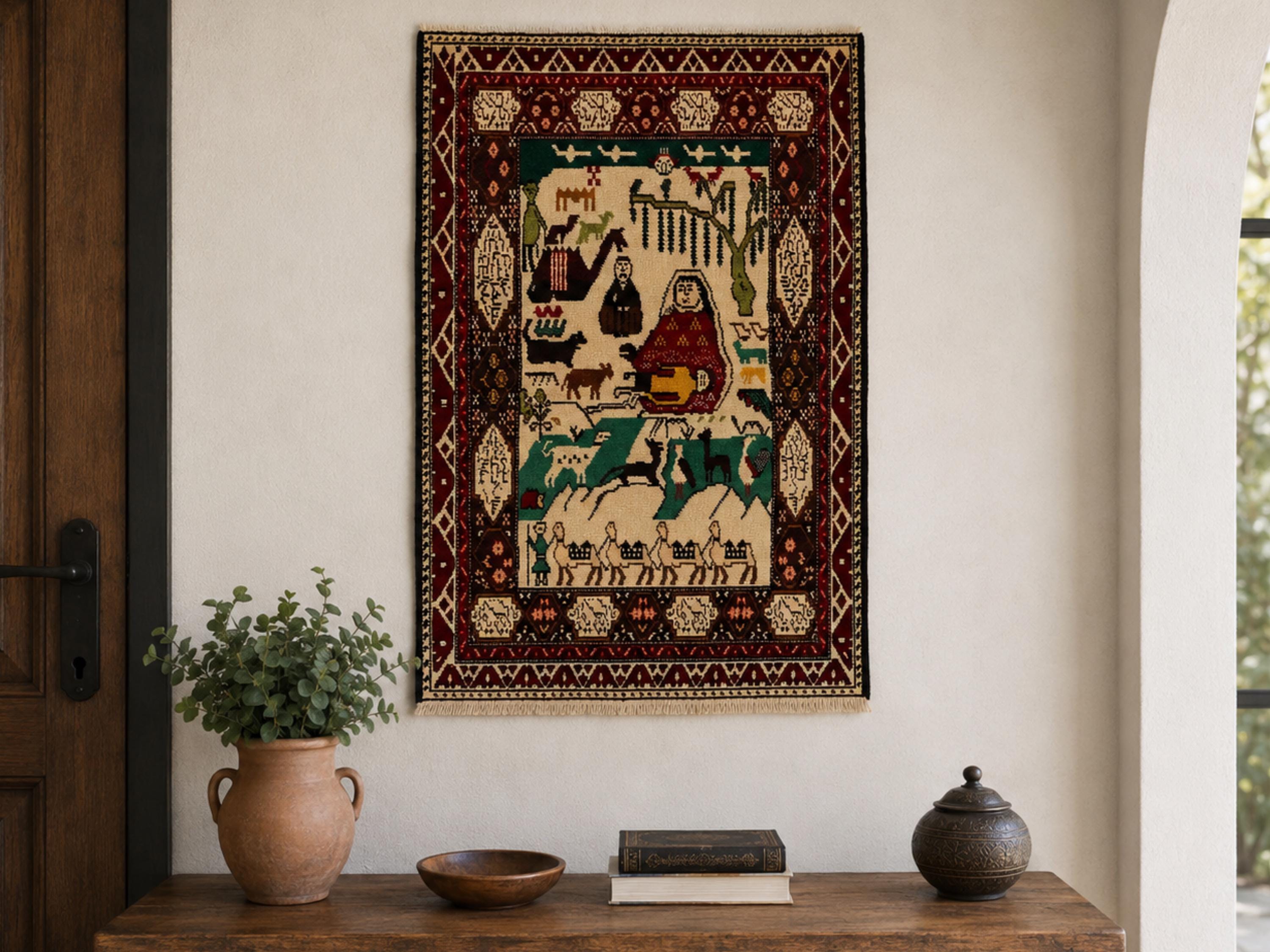 3x5 Ivory Pictorial Woven Wall Hanging Rug, Hand Knotted Wool Tapestry, Afghan Style Textile Wall Art, Animal Motif