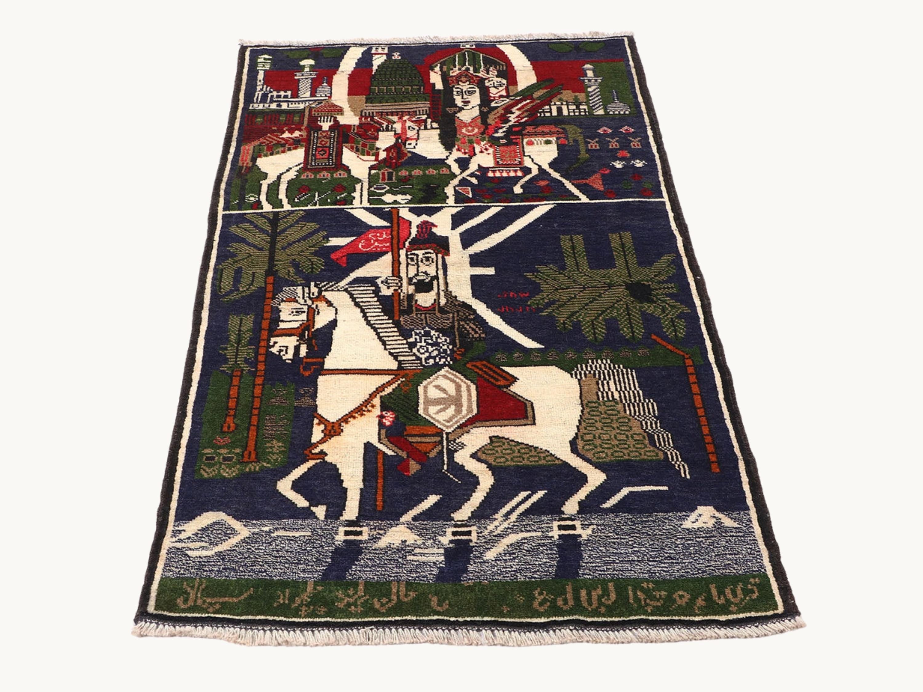 3x5 Horseman Woven Wall Hanging, Hand Knotted Wool Tapestry Rug, Afghan Style Textile Wall Art, Equestrian Folk Decor