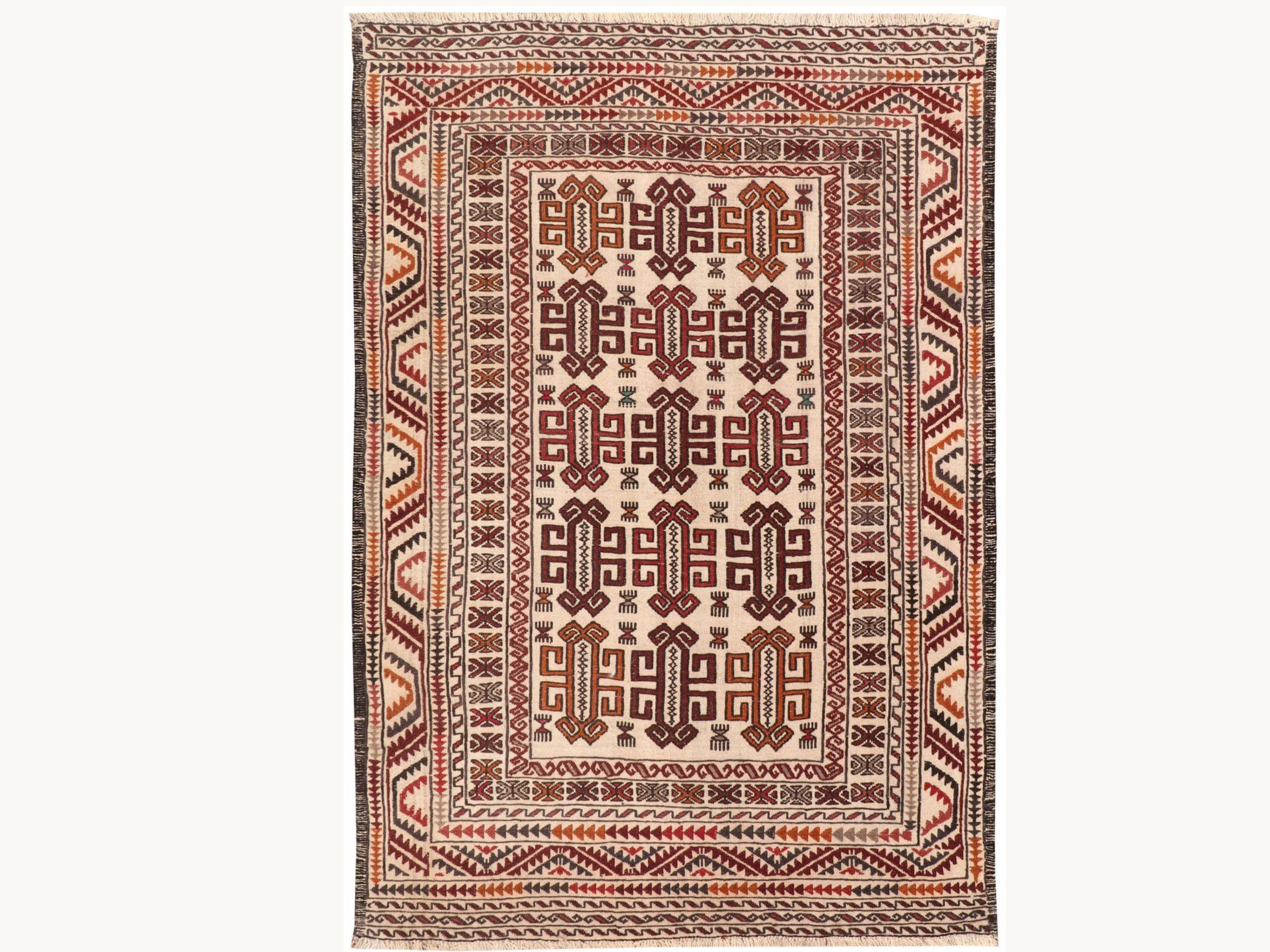 4x6 Afghan Wool Rug, Handmade Ivory Tribal Area Rug, Geometric Bird Motif Hand Knotted Carpet