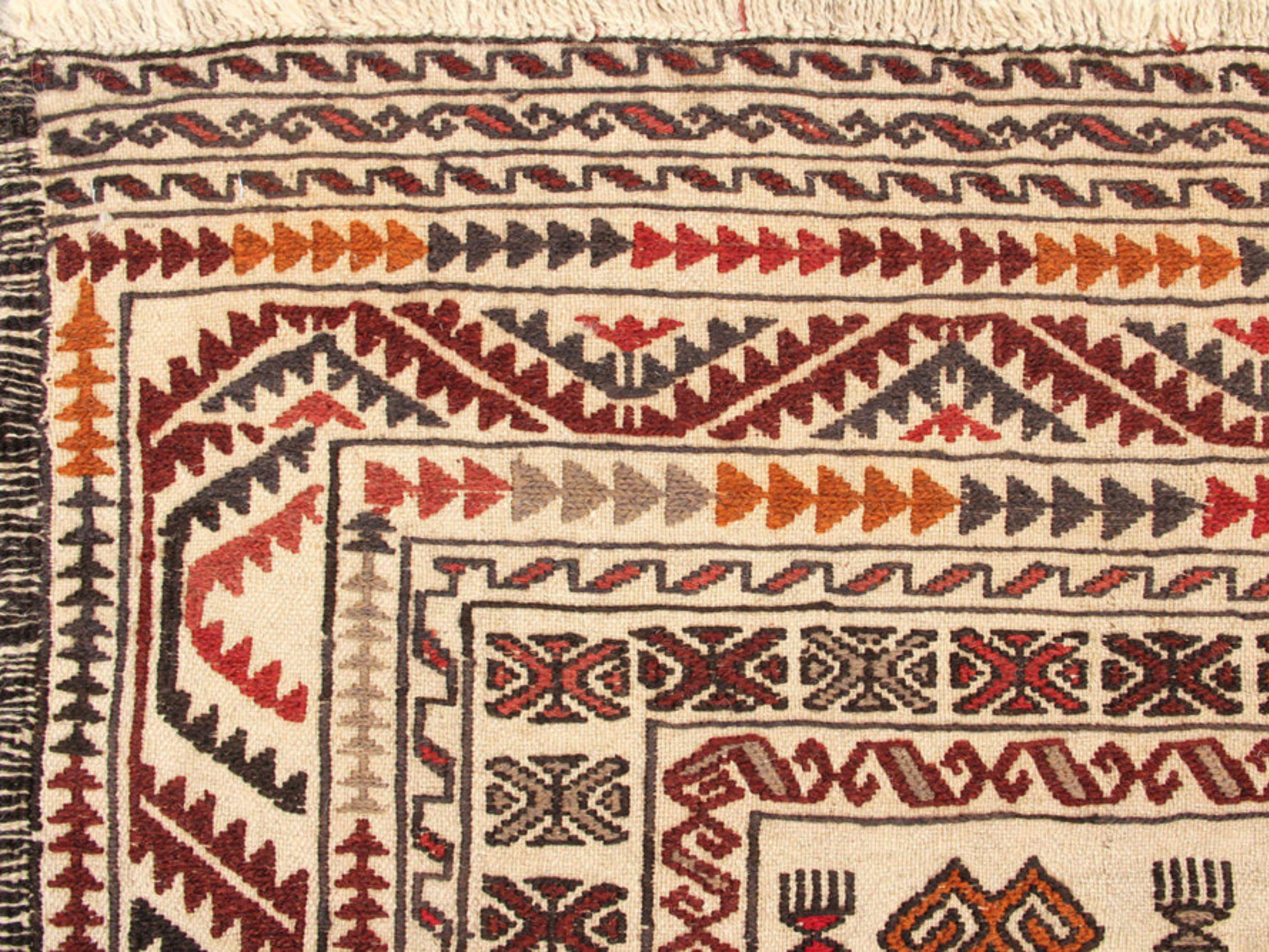 4x6 Afghan Wool Rug, Handmade Ivory Tribal Area Rug, Geometric Bird Motif Hand Knotted Carpet