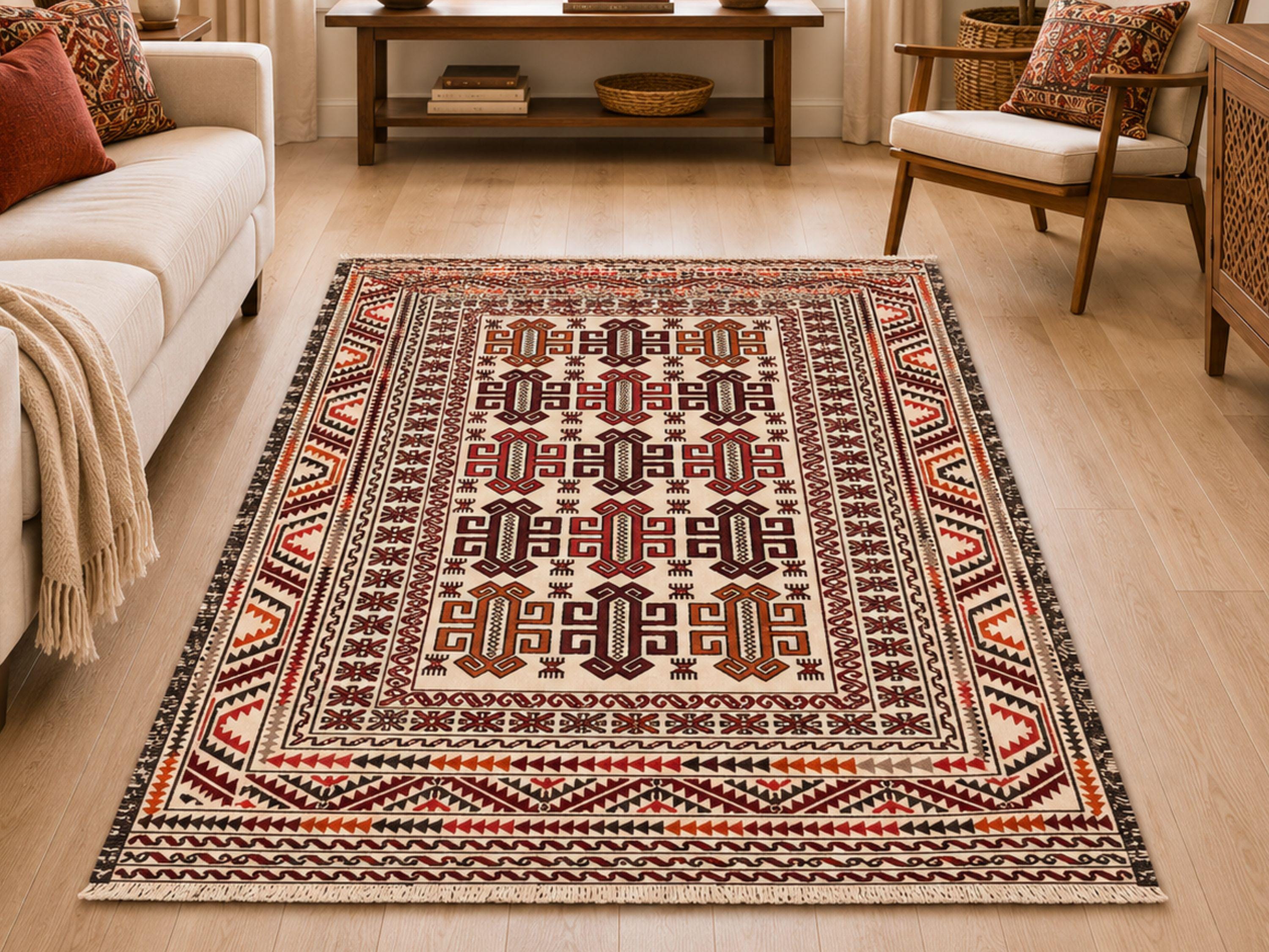 4x6 Afghan Wool Rug, Handmade Ivory Tribal Area Rug, Geometric Bird Motif Hand Knotted Carpet