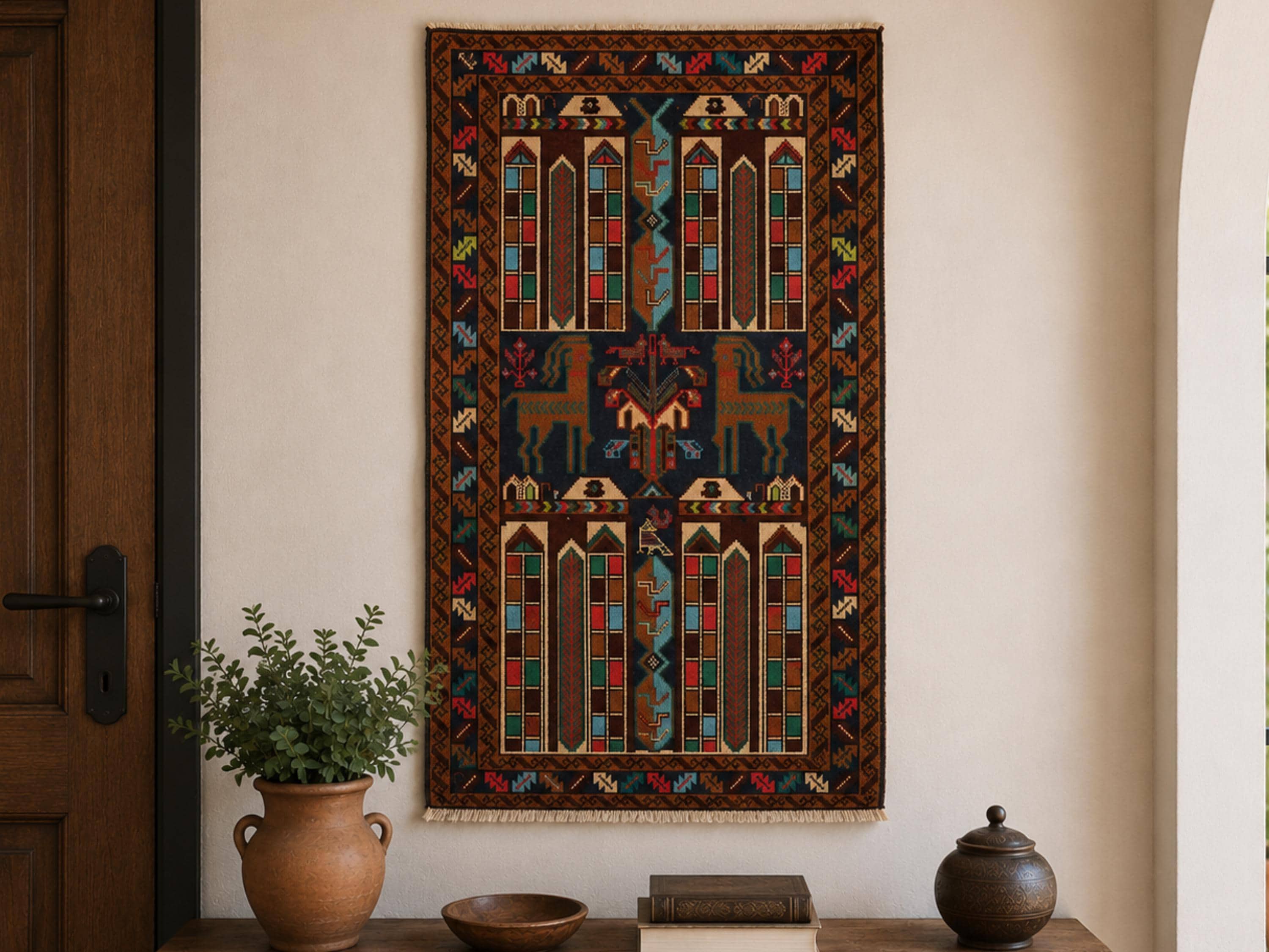 3x5 Geometric Tapestry Wall Hanging Rug, Afghan Style Handmade Wool Textile Wall Art, Tribal Folk Art Decor