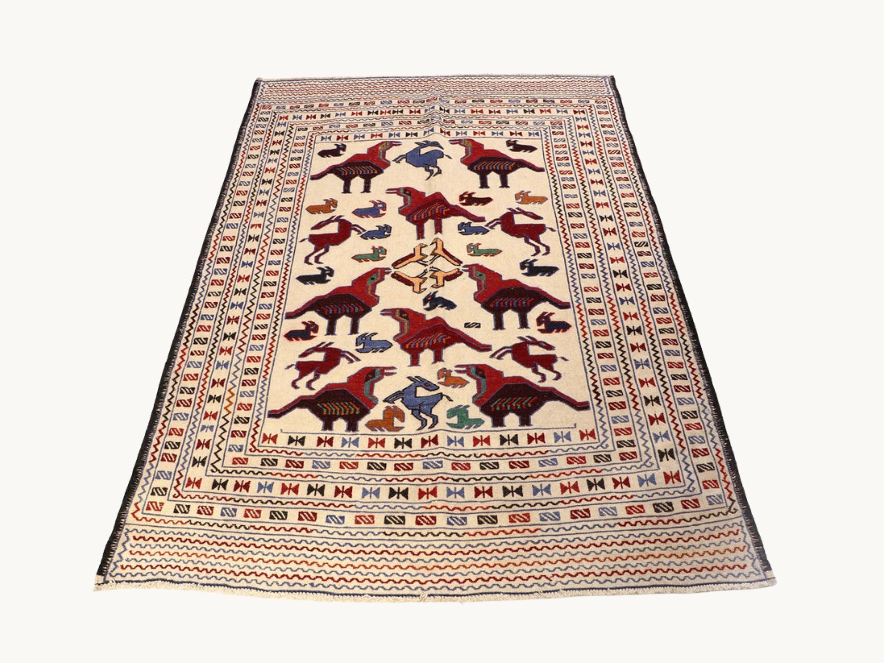 4x6 Afghan Wool Rug, Ivory Hand Knotted Tribal Area Rug, Animal Motif Geometric Carpet
