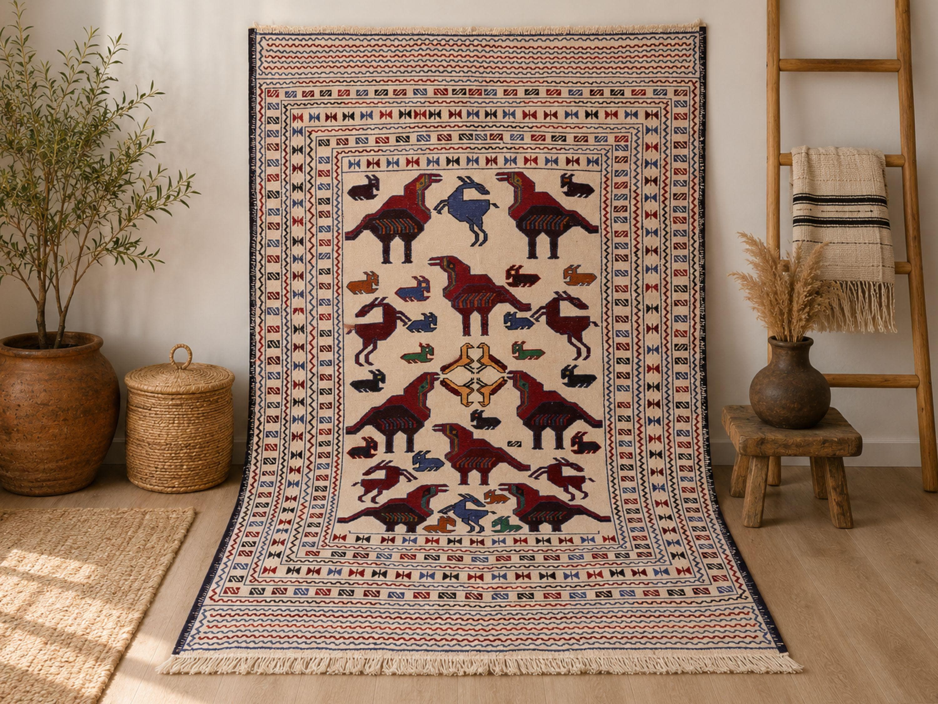 4x6 Afghan Wool Rug, Ivory Hand Knotted Tribal Area Rug, Animal Motif Geometric Carpet
