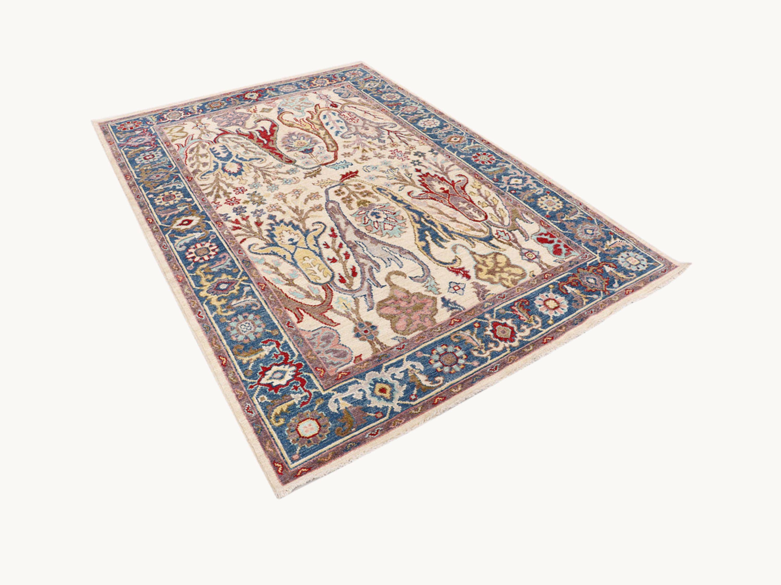 6x9 Turkish Oushak Rug, Muted Ivory Hand Knotted Wool Rug, Floral Palmette Area Rug