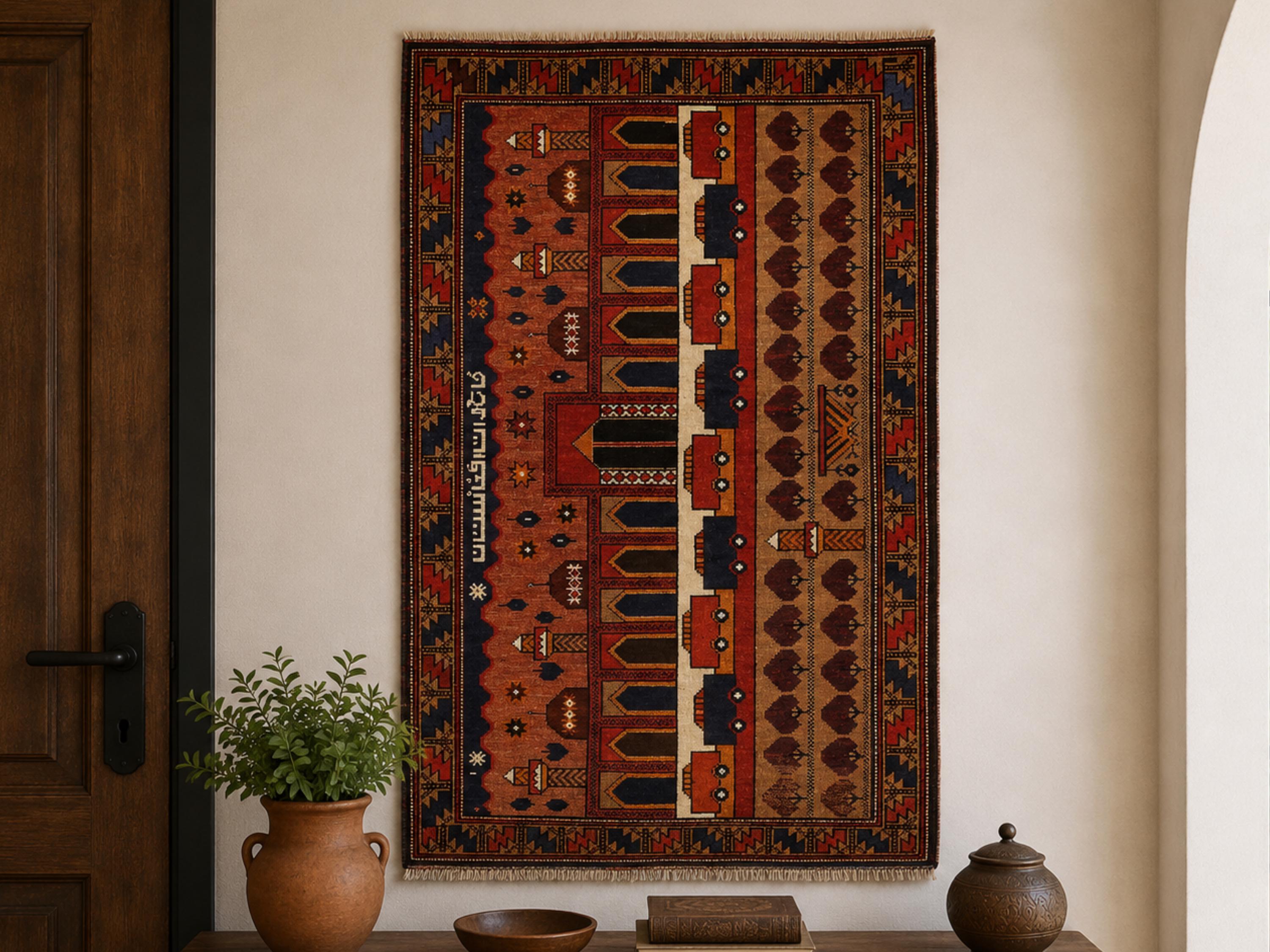 3x5 Figural Panel Woven Wall Hanging, Hand Knotted Wool Afghan Tapestry, Red Folk Art Textile Wall Art
