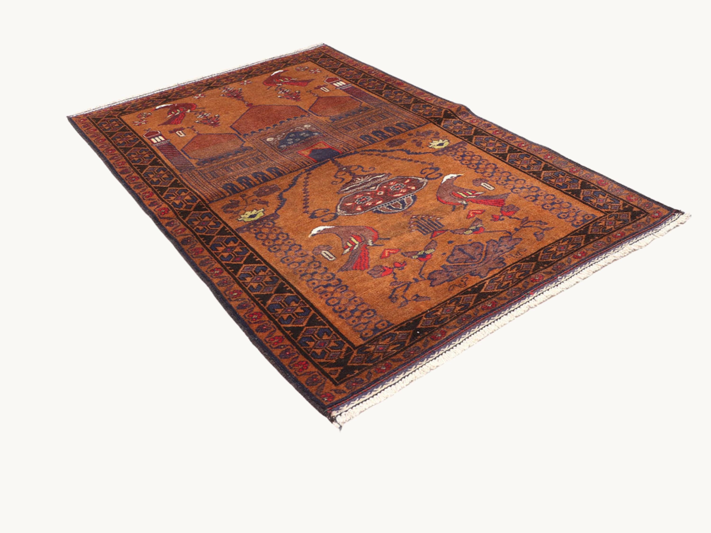 3x5 Architectural Bird Motif Tapestry Wall Hanging Rug, Afghan Style Handmade Wool Textile Wall Art, Tribal Decor