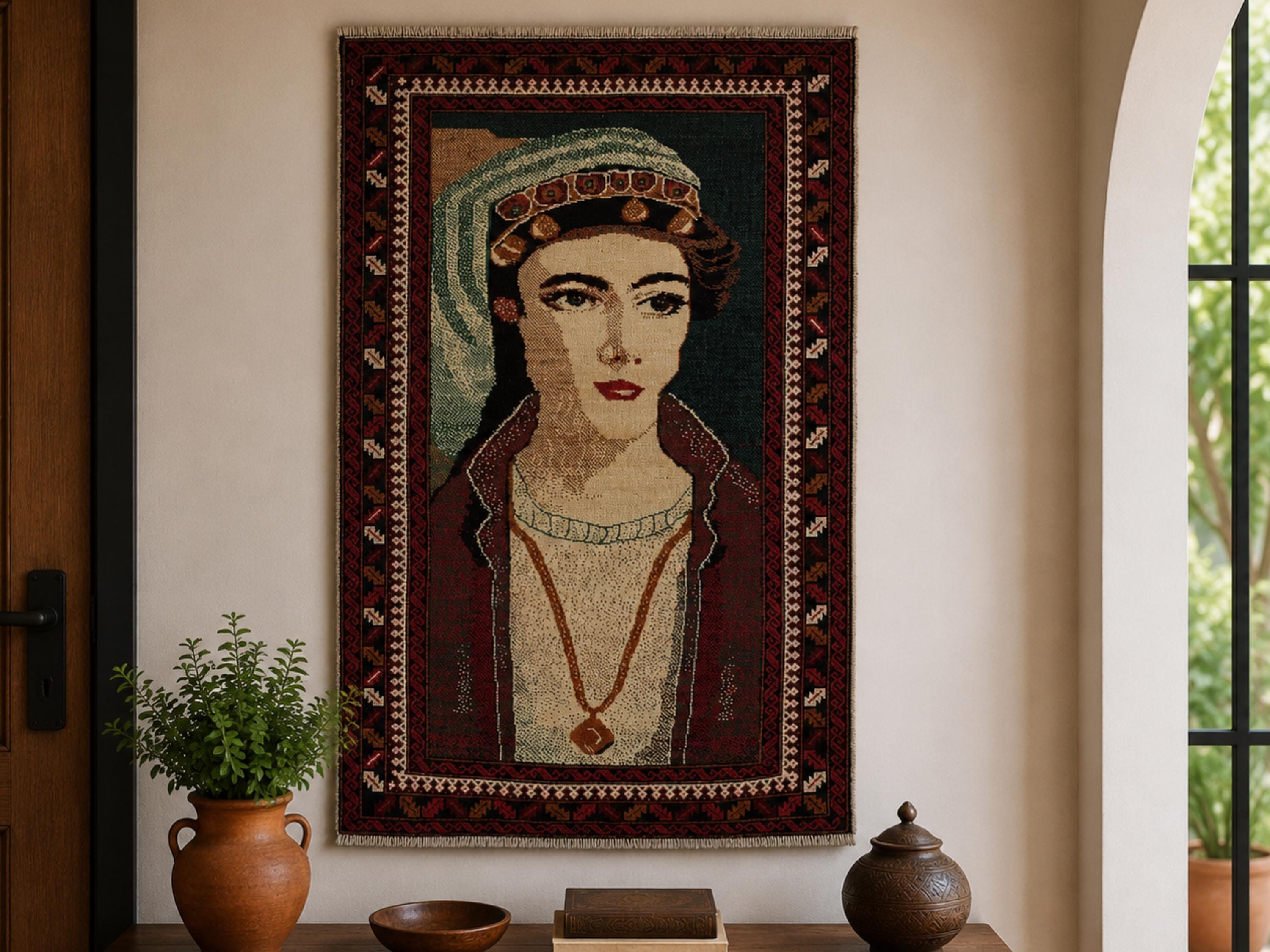 3x5 Portrait Tapestry Wall Hanging Rug, Afghan Style Handmade Wool Textile Wall Art, Folk Art Decor
