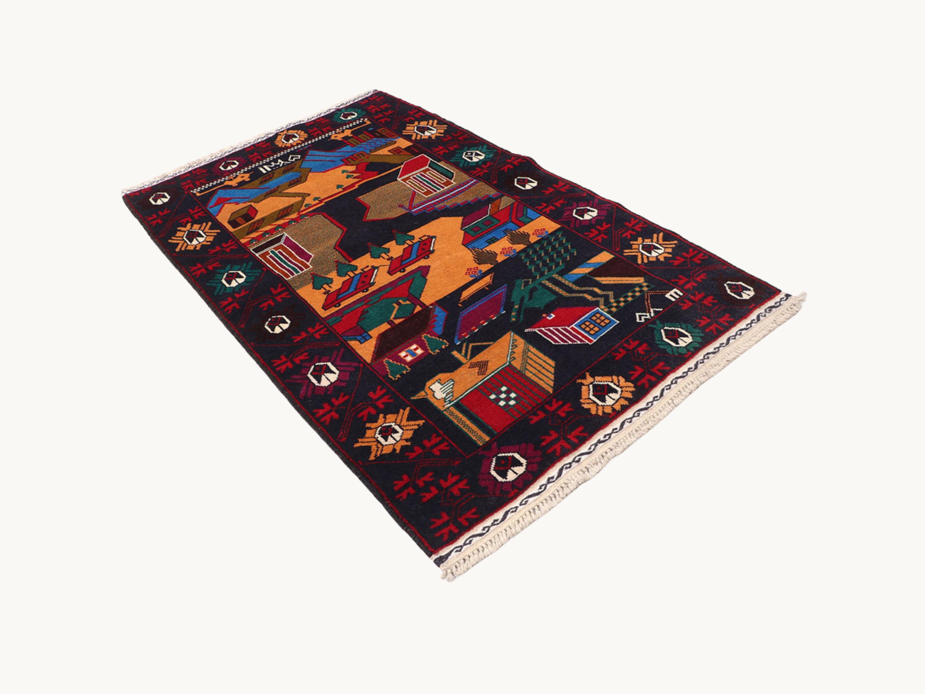 3x5 Landscape Tapestry Wall Hanging Rug, Afghan Style Handmade Wool Textile Wall Art, Folk Art Decor