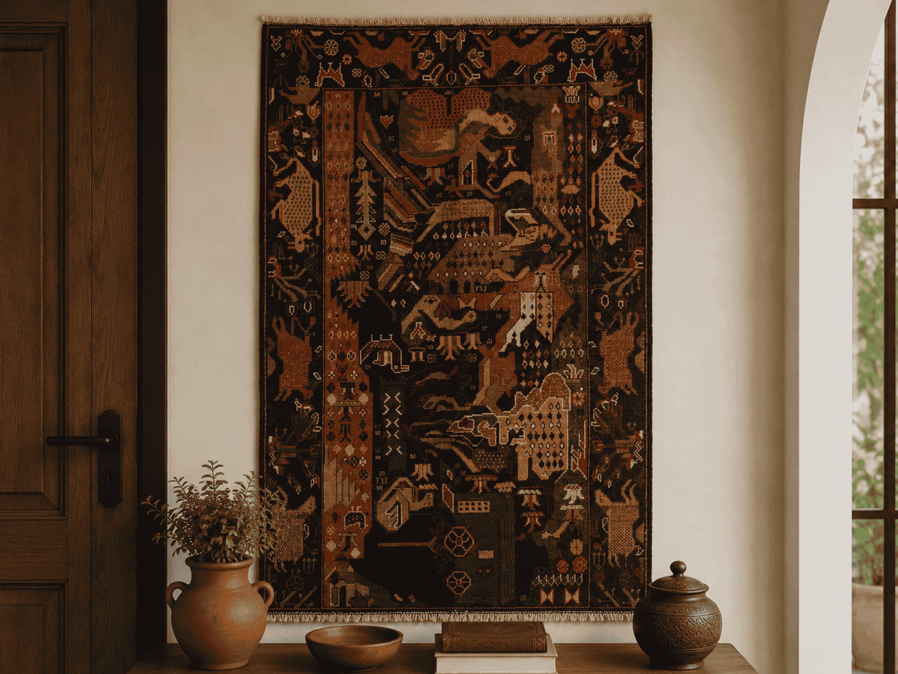 3x5 Brown Pictorial Woven Wall Hanging, Hand Knotted Wool Tapestry, Afghan Style Textile Wall Art, Folk Art Decor